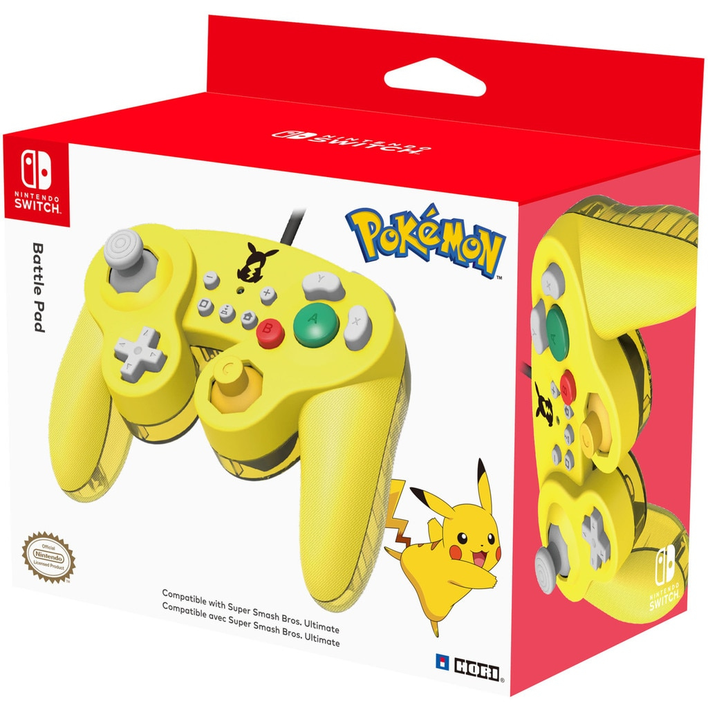 Pudełko na żółty kontroler GameCube Pikachu. Zawiera obraz kontrolera i grafikę Pikachu.