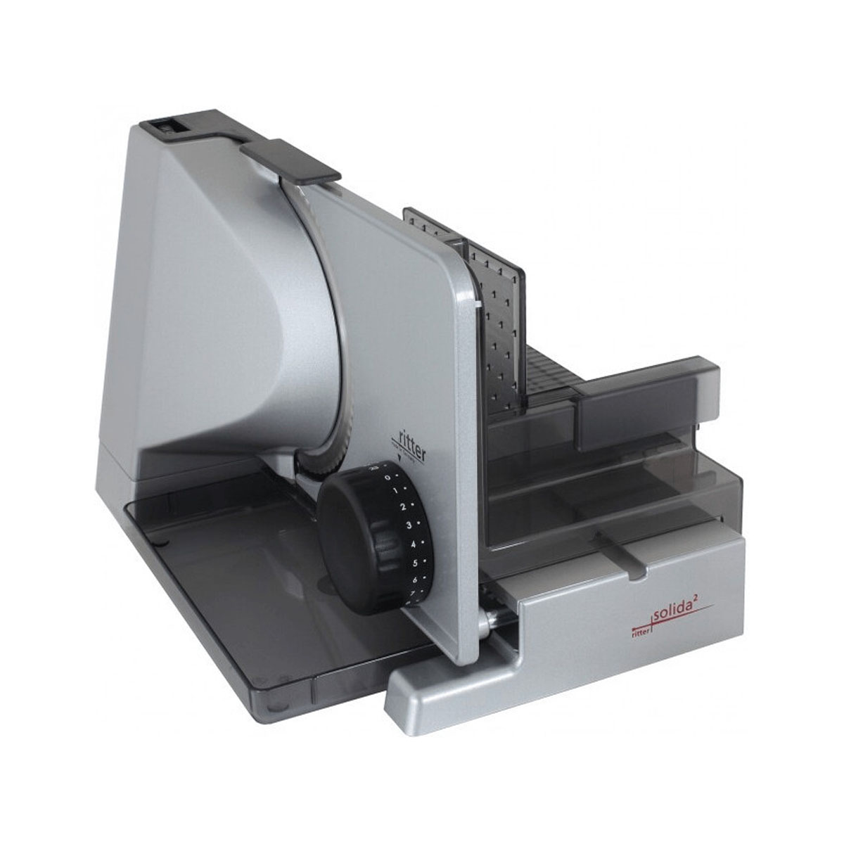 Srebrno-szara krajalnica do żywności Ritter. Posiada czarne pokrętło i ostrze.