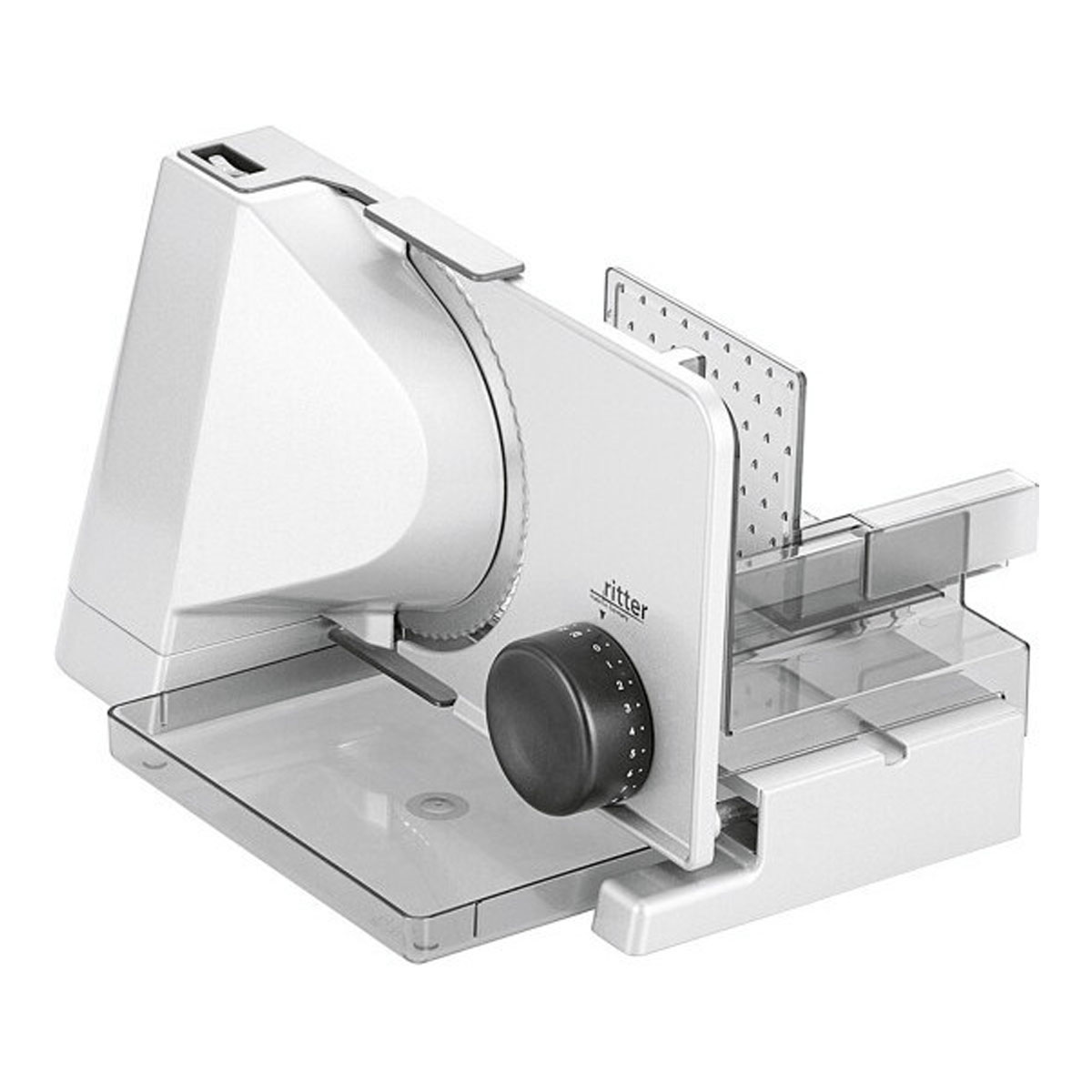 Biała krajalnica do mięsa z czarnym pokrętłem i przezroczystymi plastikowymi częściami.