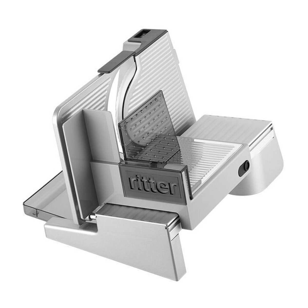 Srebrno-szara krajalnica do żywności z przezroczystą osłoną i marką 'ritter'.