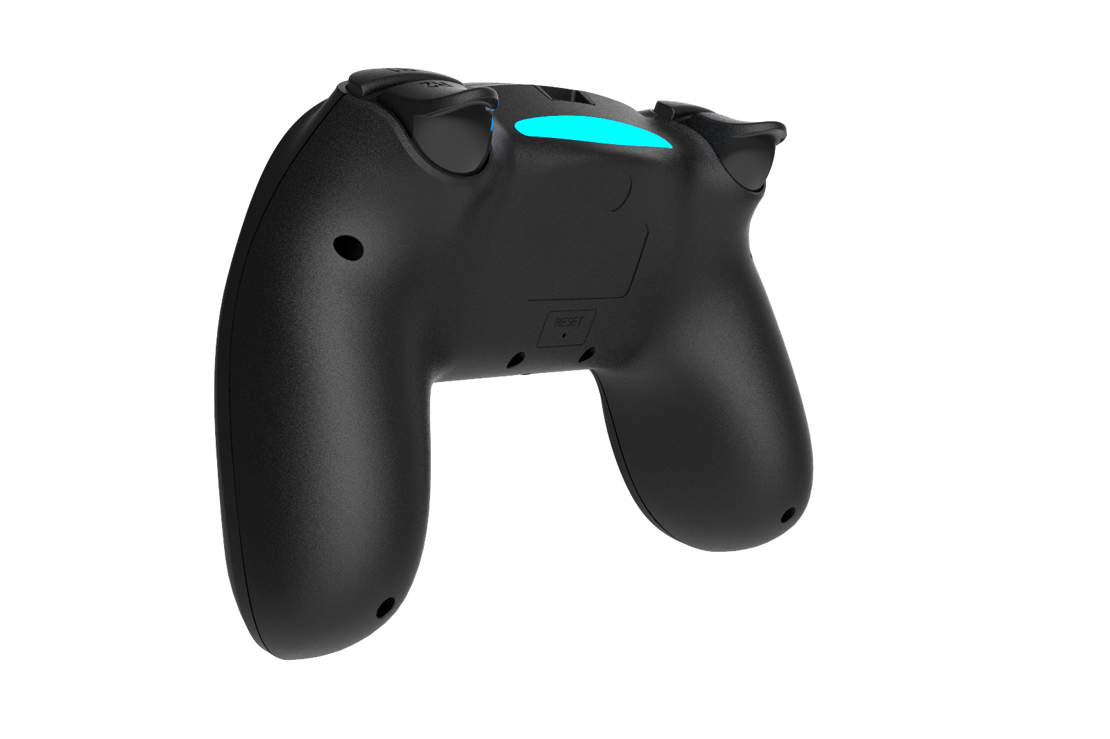 Schwarzer Gaming-Controller, die Rückansicht, mit Tasten und dem Xbox-Logo.
