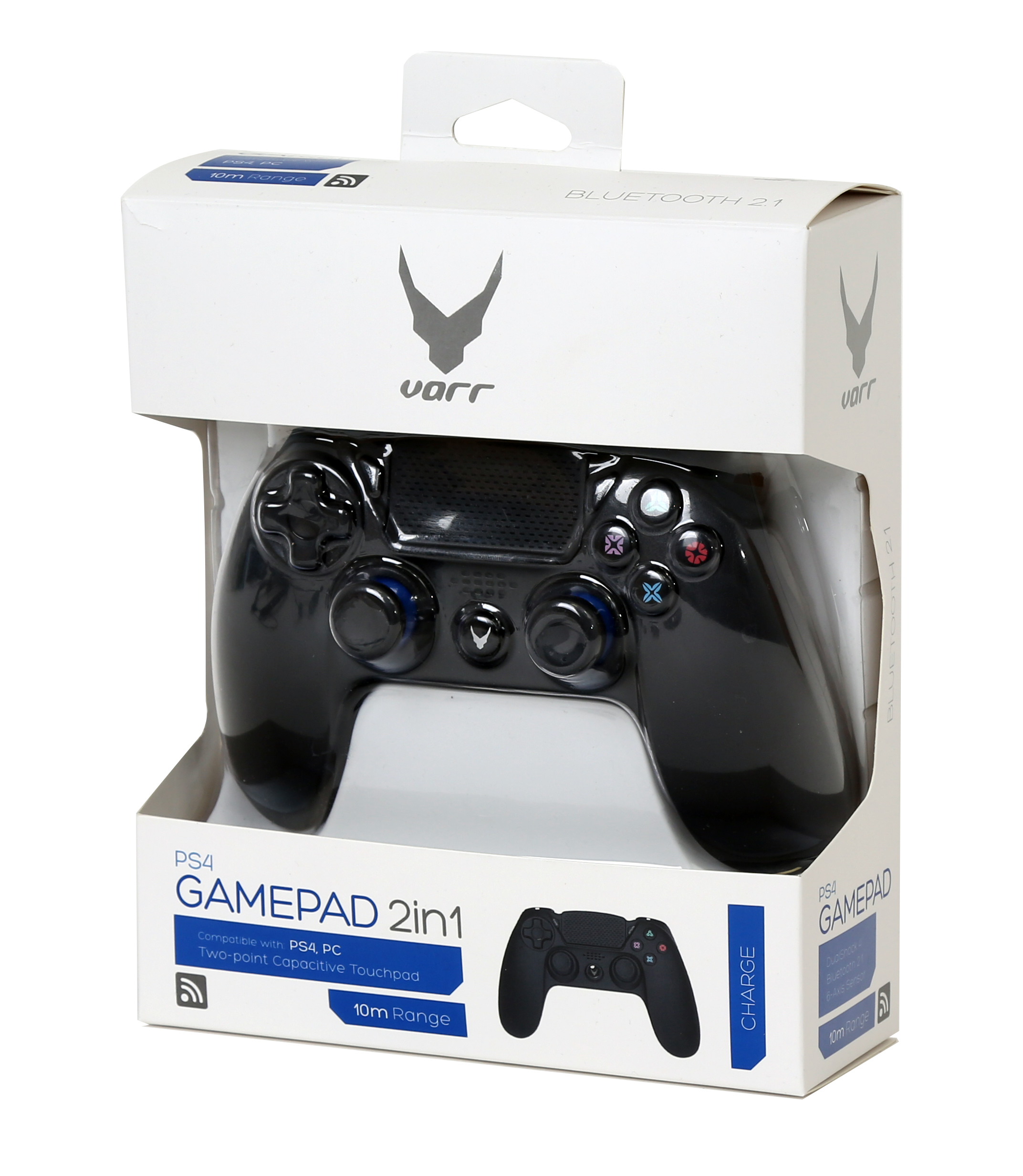 PS4-Gamepad in einer Box. Schwarzes Gamepad, weiße Box mit blauem und schwarzem Design.