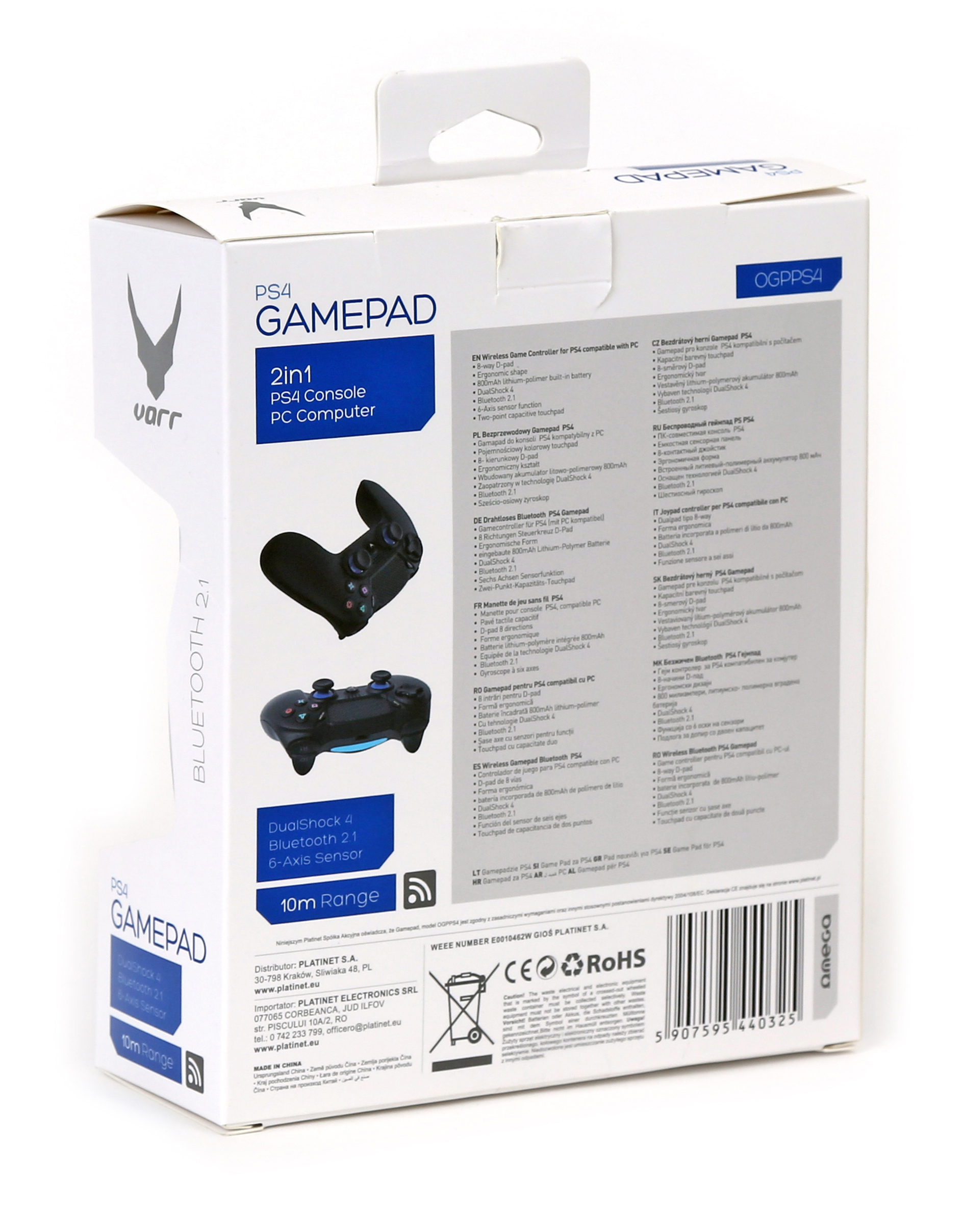 PS4-Gamepad-Box, weiß mit schwarzem Gamepad-Bild. Text enthält 'Gamepad 2in1'.