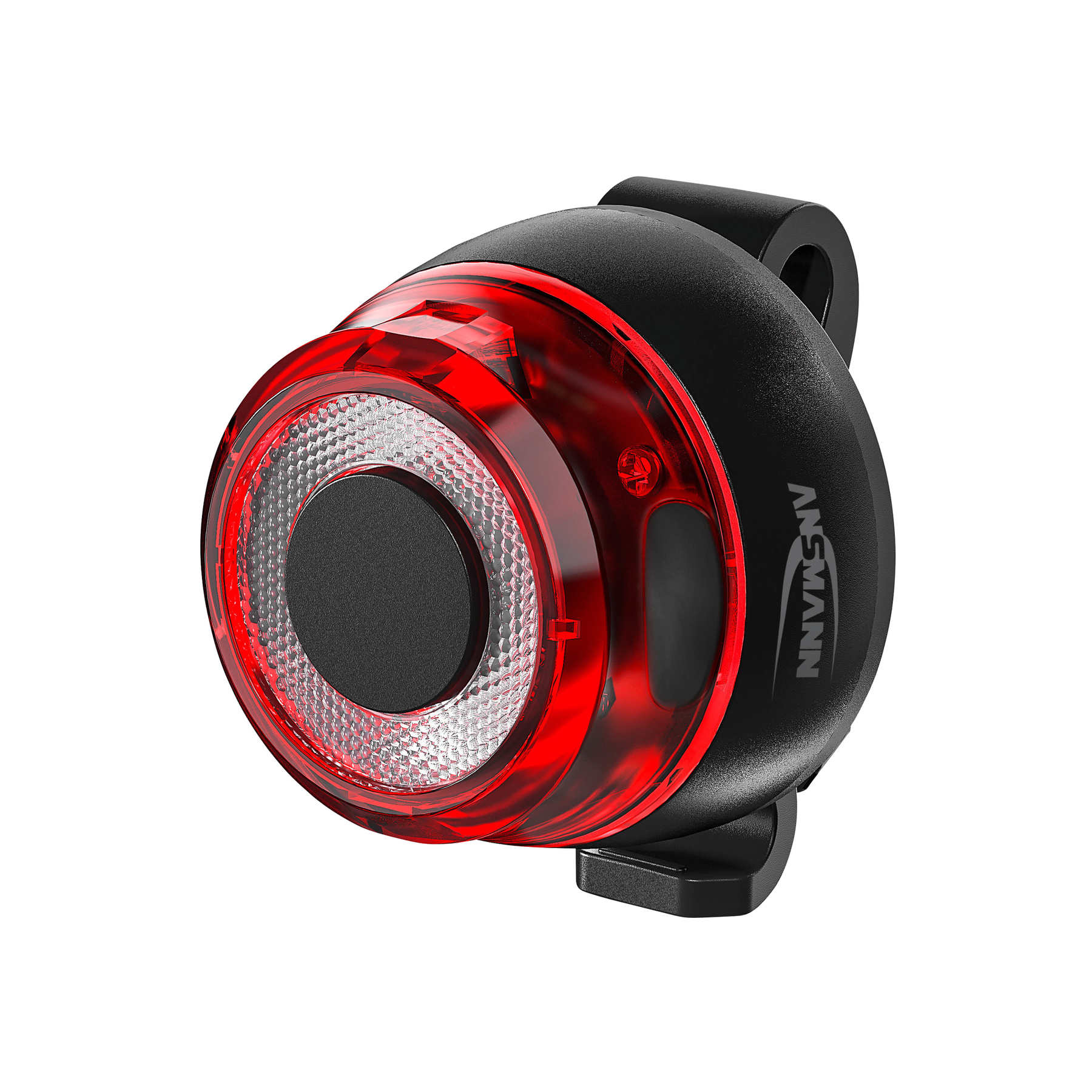 Czarne światło rowerowe z czerwonym światłem i logo Ansmann z boku.