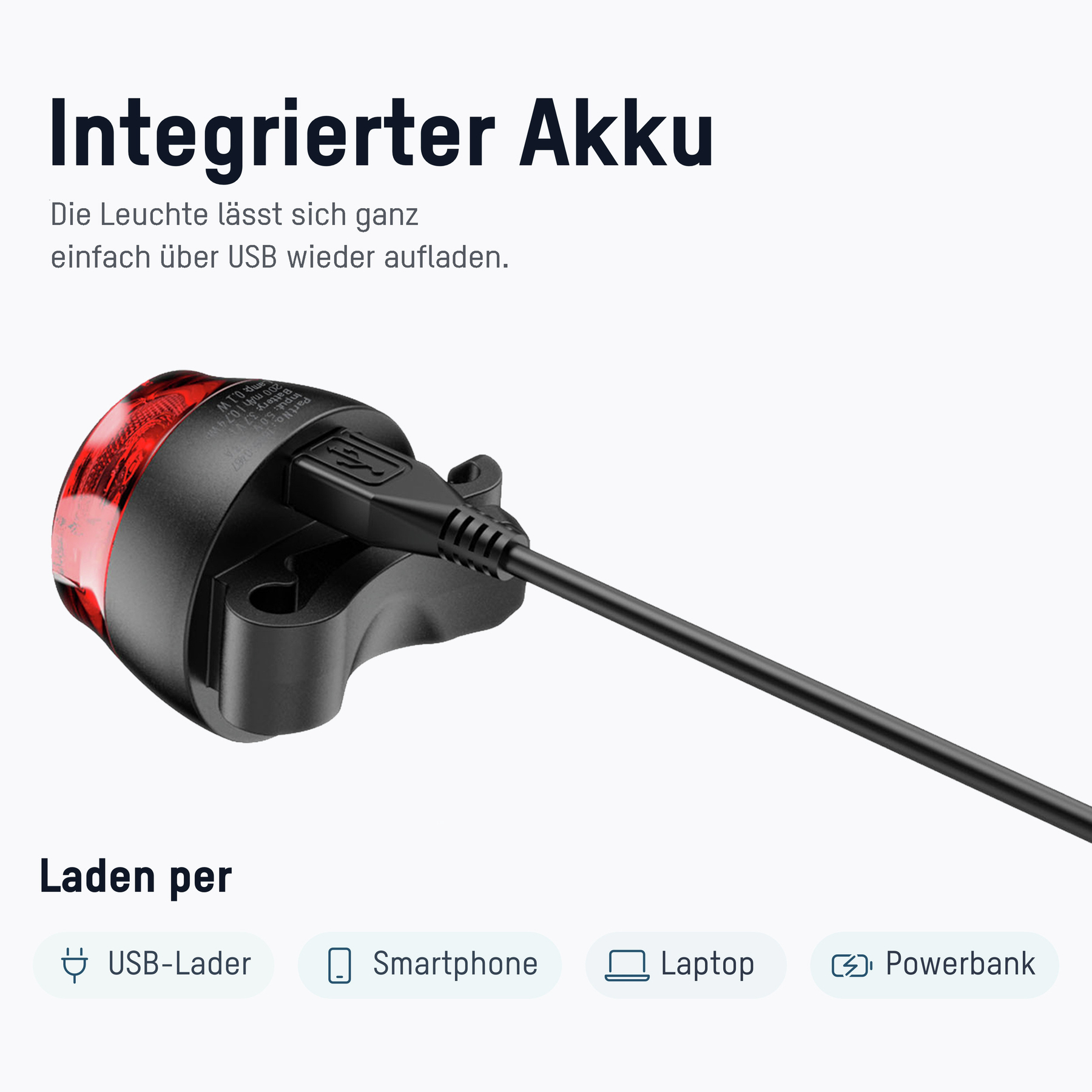 Czarne światło rowerowe z kablem USB i tekstem o opcjach ładowania.