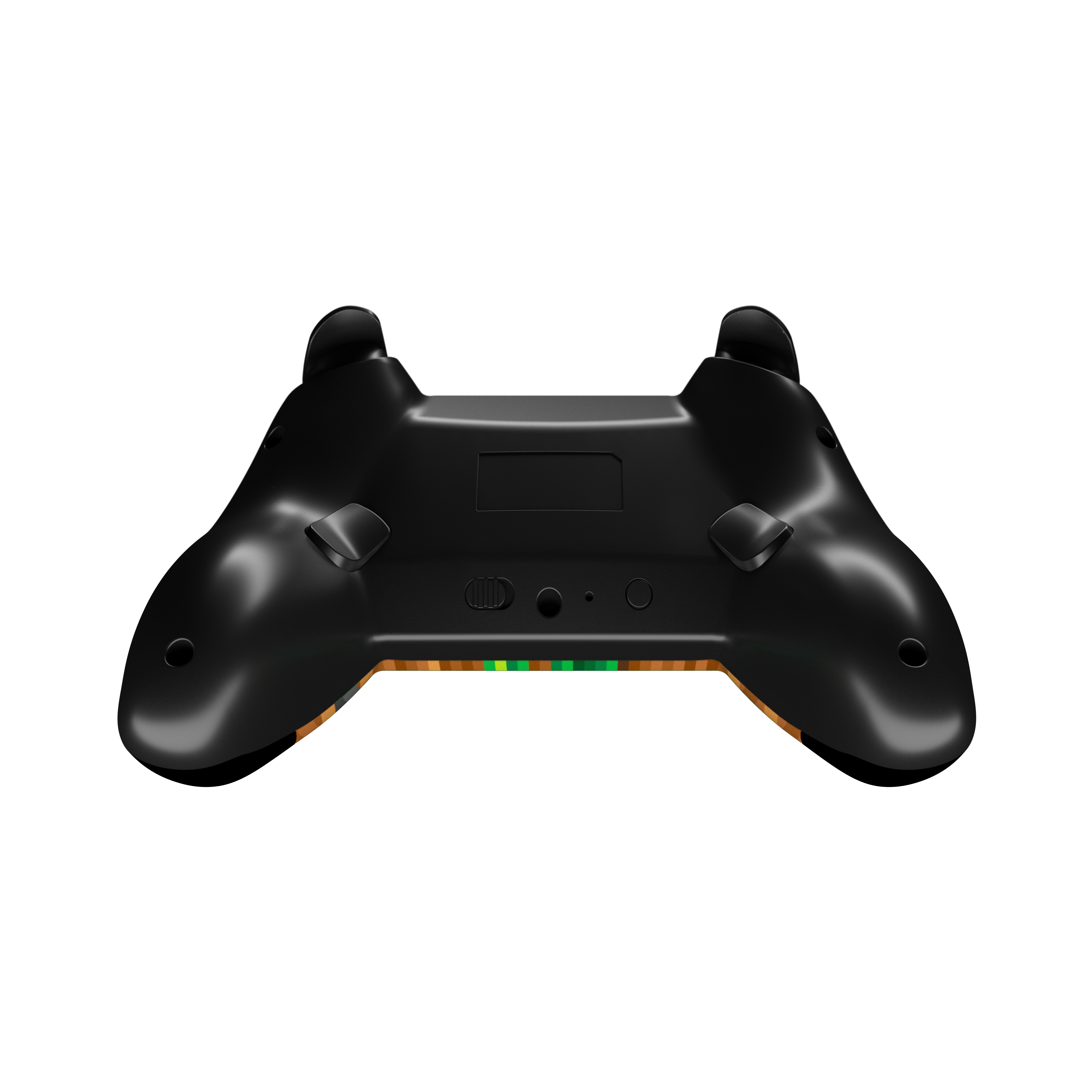 Schwarzer Gamecontroller, Rückansicht, auf weißem Hintergrund.