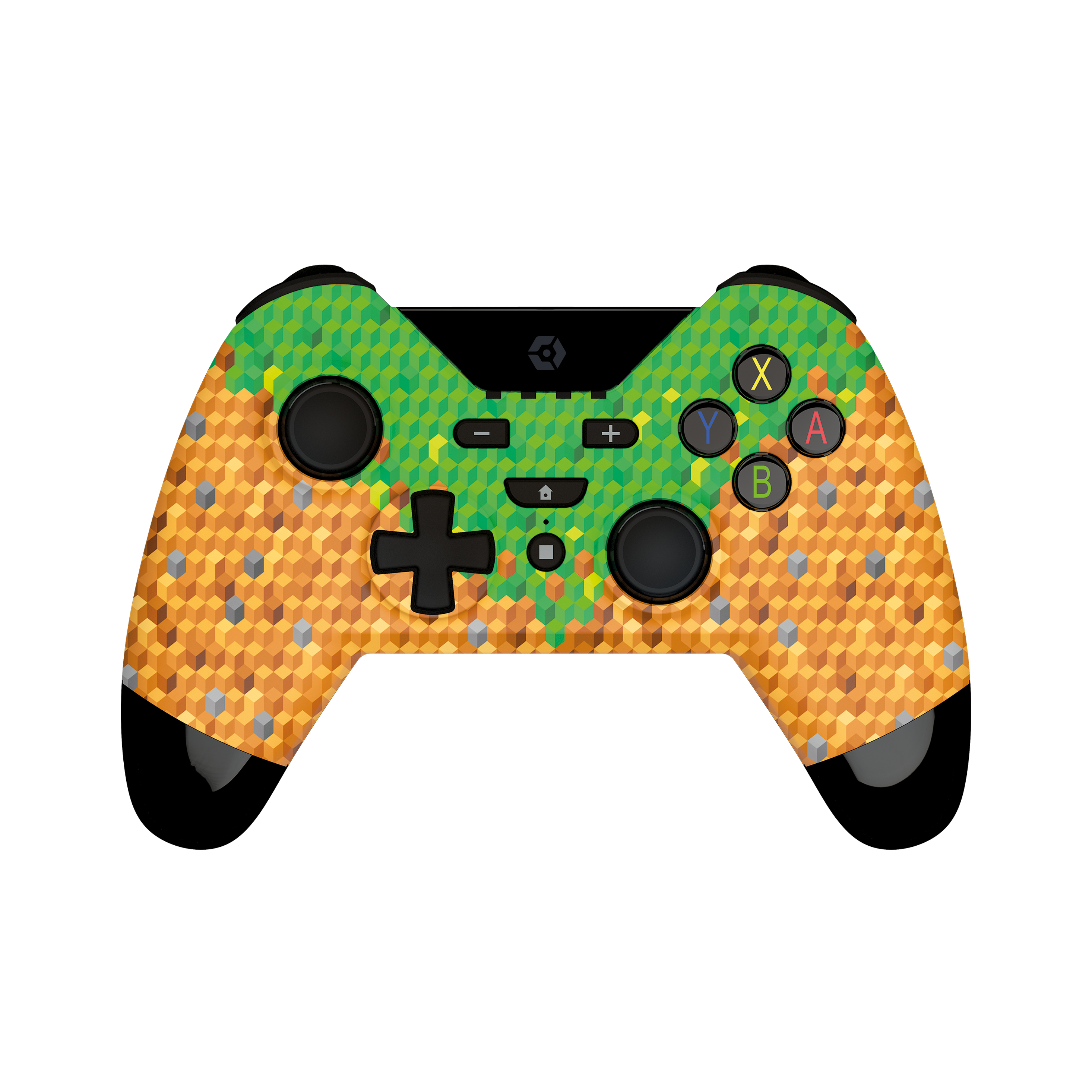 Ein Spielcontroller im Minecraft-Design auf weißem Hintergrund, Draufsicht. Schwarze Knöpfe und Sticks.