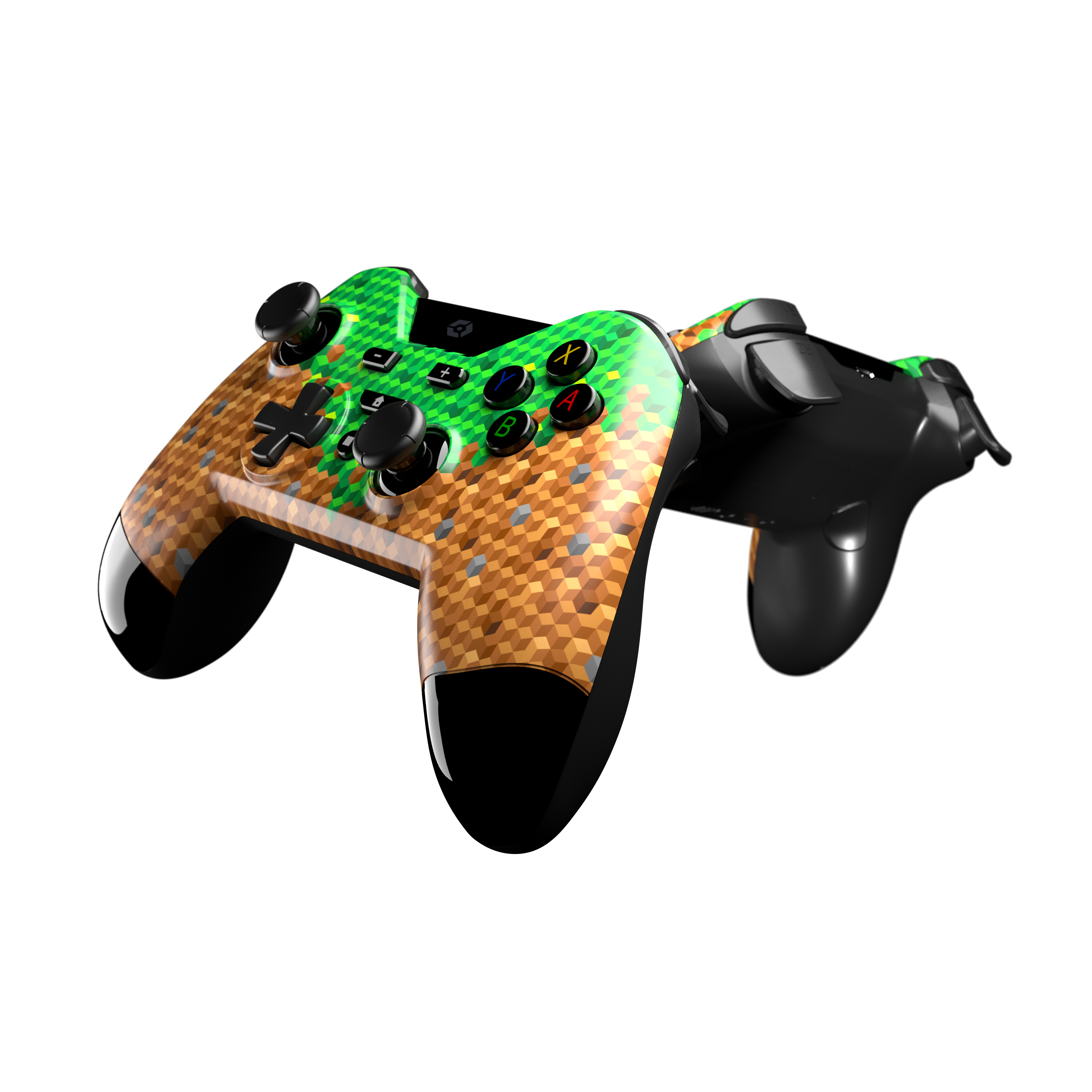 Zwei Videospiel-Controller. Einer hat ein Minecraft-Design. Der andere ist schwarz. Weißer Hintergrund.