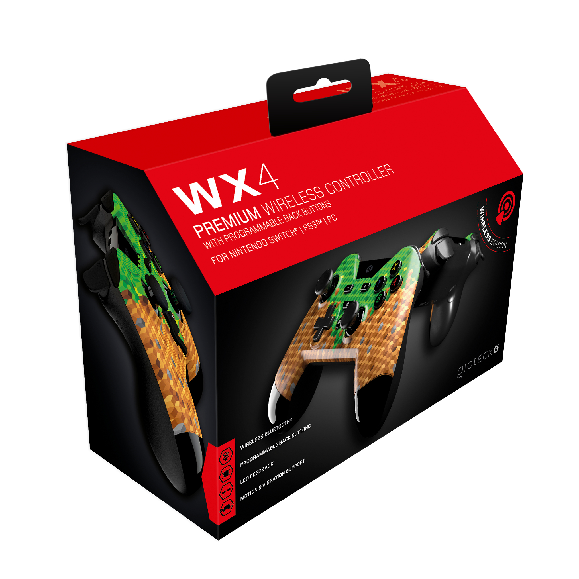 Eine rot-schwarze Spielcontroller-Box. Sie hat einen Controller mit einem Minecraft-Themen-Design. Auf der Box steht WX4 und Funktionen.