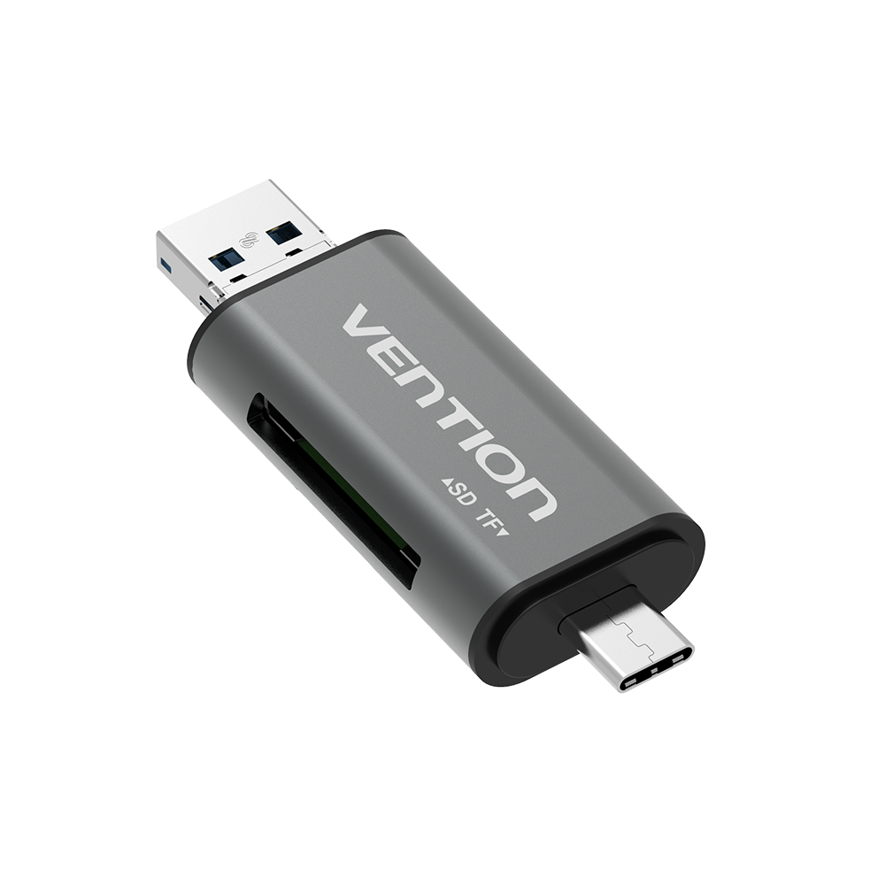 Srebrno-szary czytnik kart Vention SD TFY z portem USB i USB-C. Białe tło.