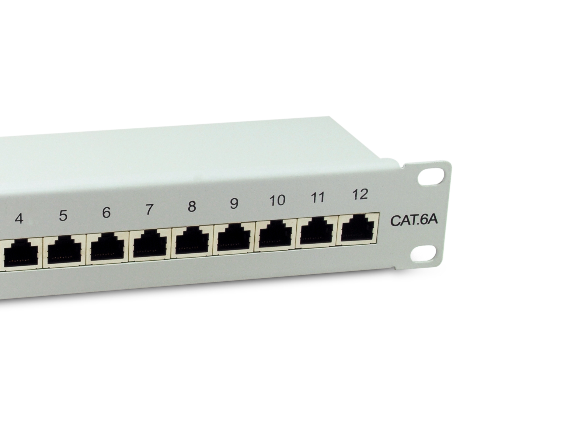 Szary panel krosowniczy z 12 portami RJ45. Tekst: CAT.6A. Białe tło.