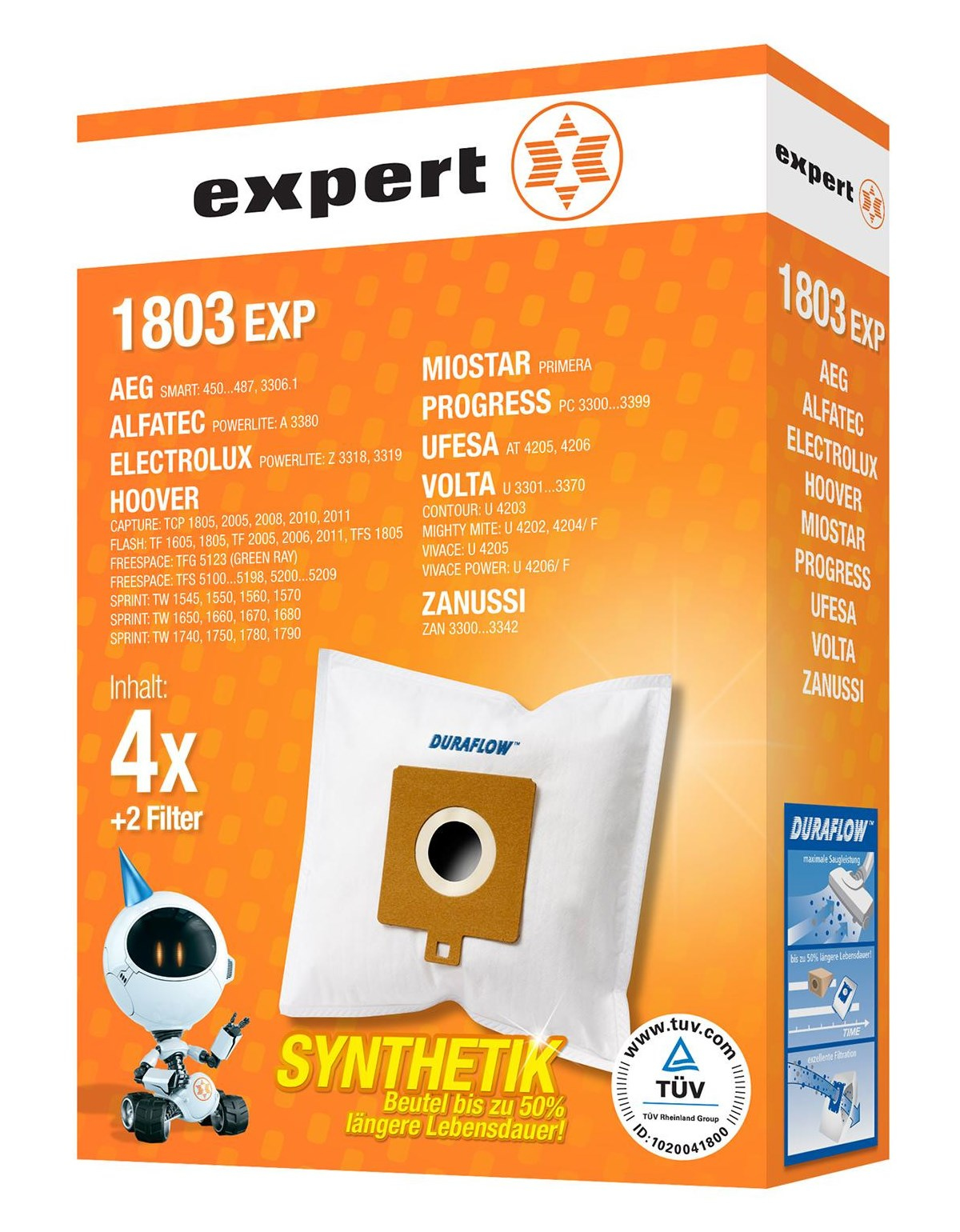 Staubsaugerbeutelfilter mit Verpackung, die Text und Grafiken zeigt.