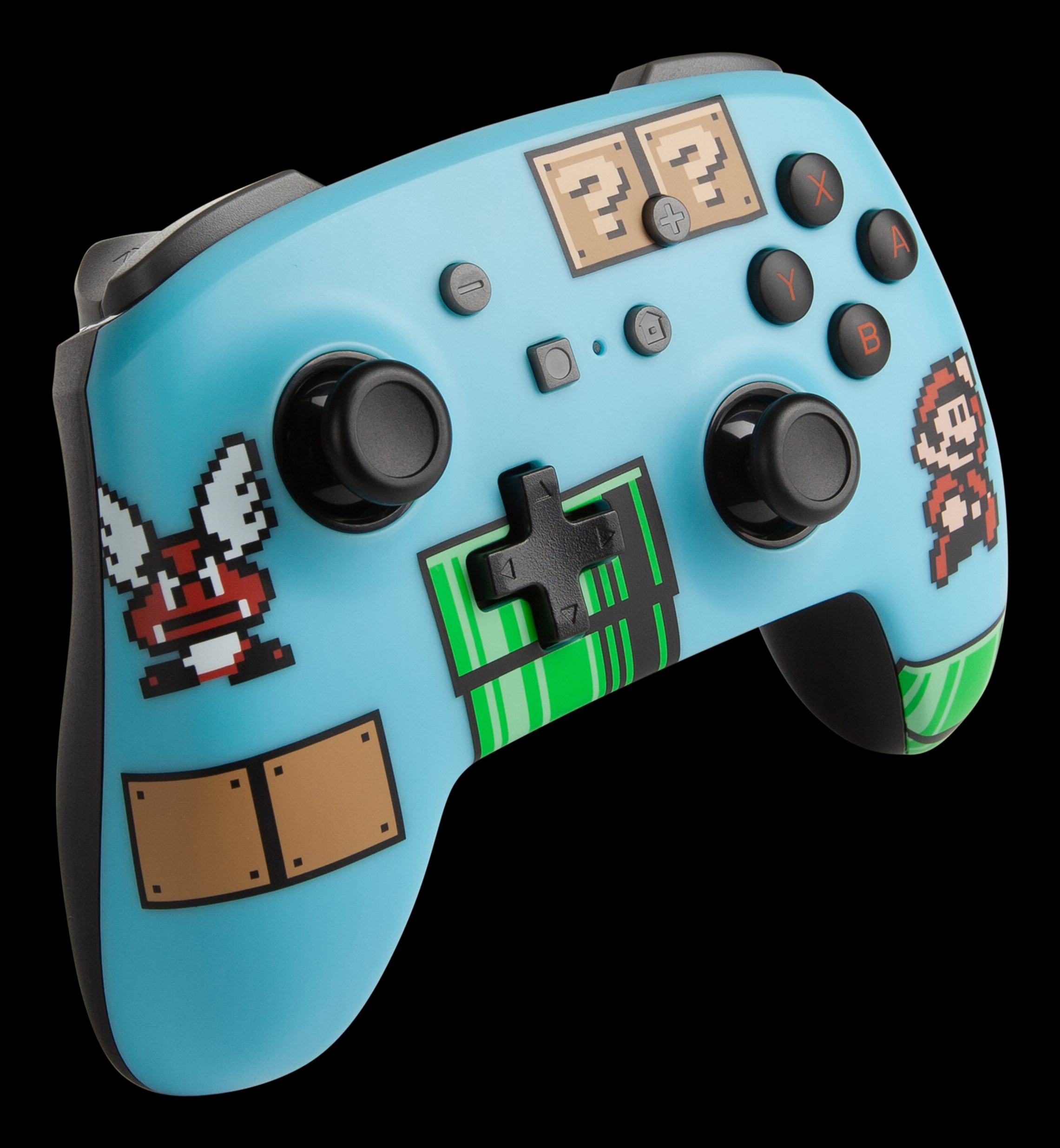 Ein hellblauer Gamecontroller mit Mario und anderen Charakteren. Der Controller ist an den Seiten schwarz.
