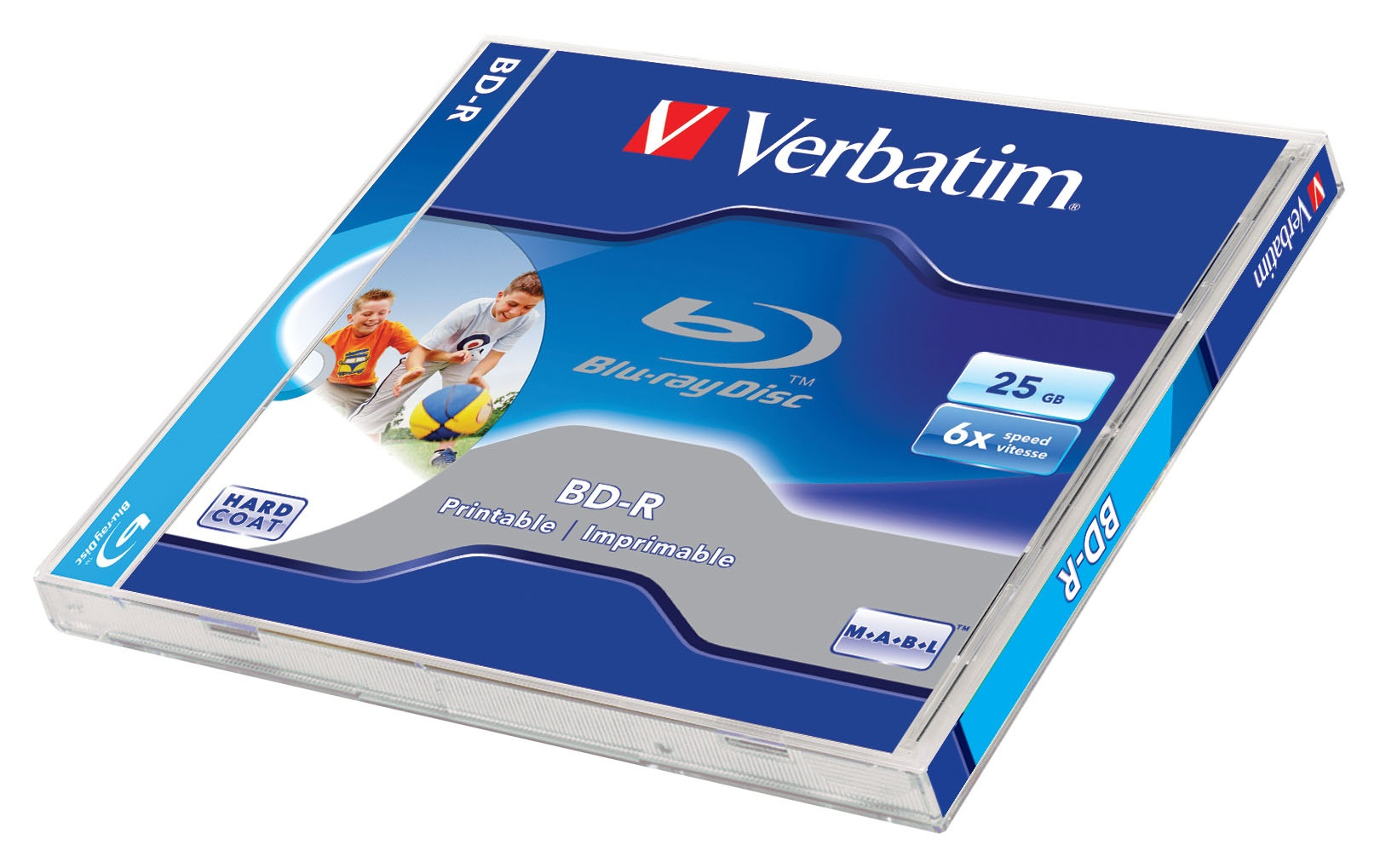Eine Verbatim Blu-ray Disc Hülle mit einem Bild von Kindern, die mit einem Ball spielen, auf weißem Hintergrund.
