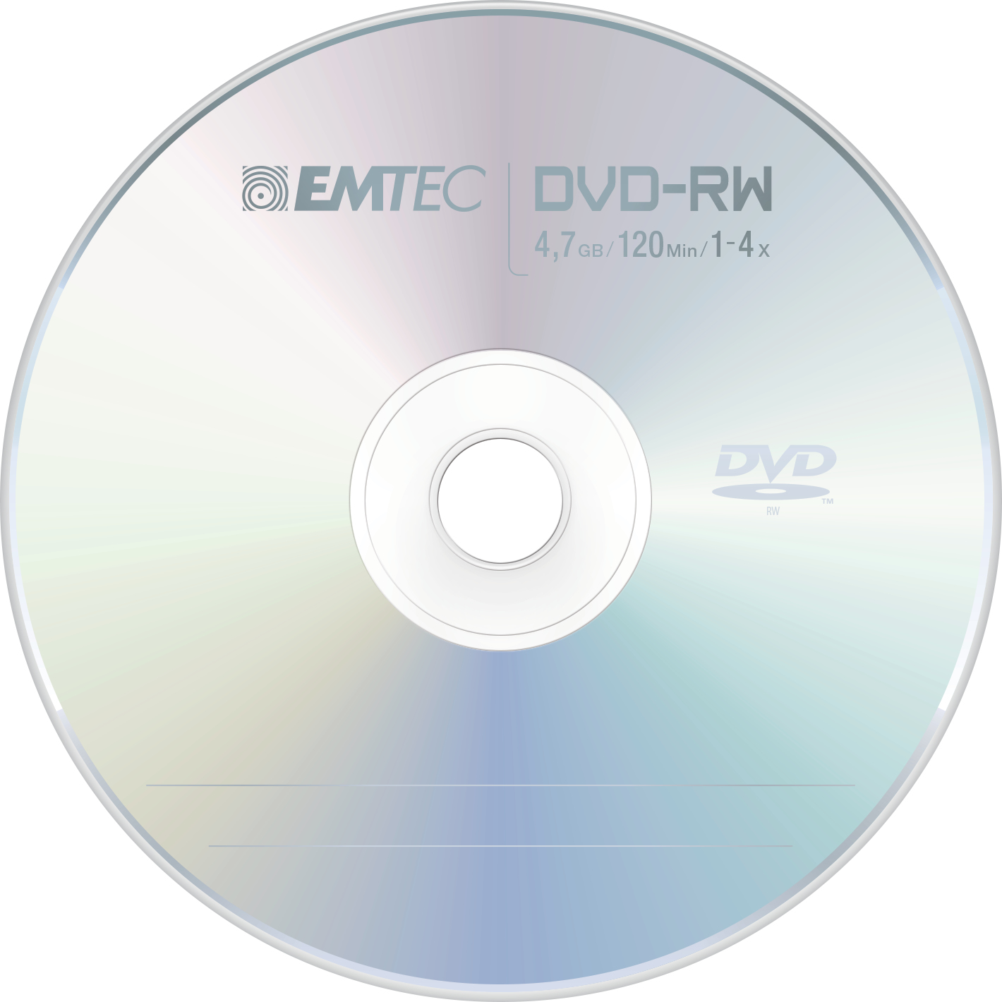 Dysk DVD-RW z logo Emtec na białym tle. Dysk odbija światło.