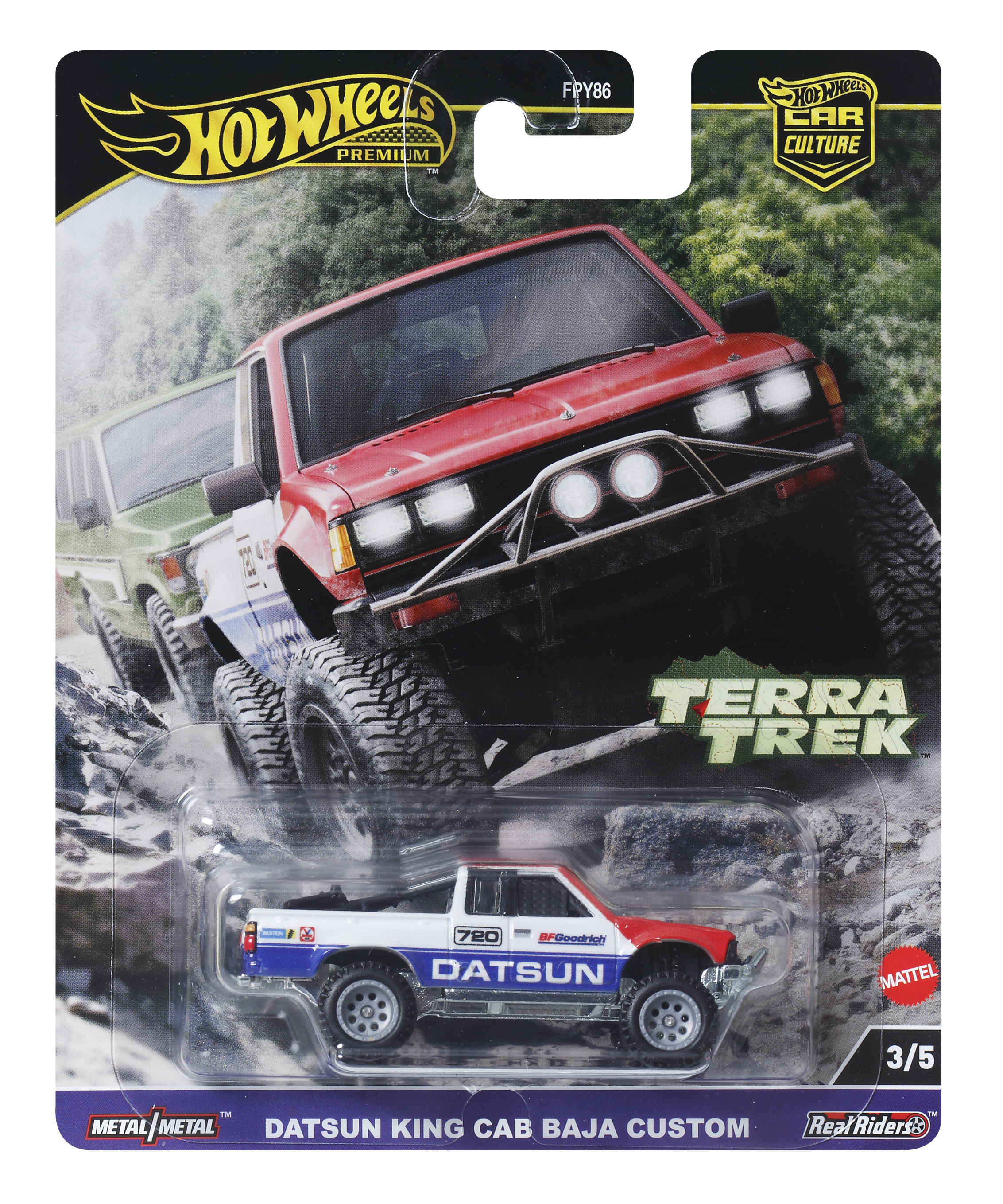 Hot Wheels Datsun King Cab Baja Custom Spielzeugauto-Verpackung, rot und weiß.