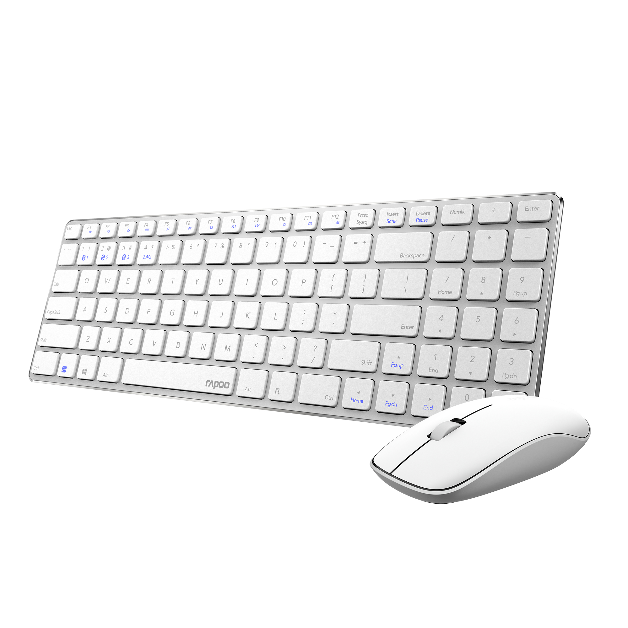 Set tastiera e mouse bianchi. Wireless. Sfondo bianco.