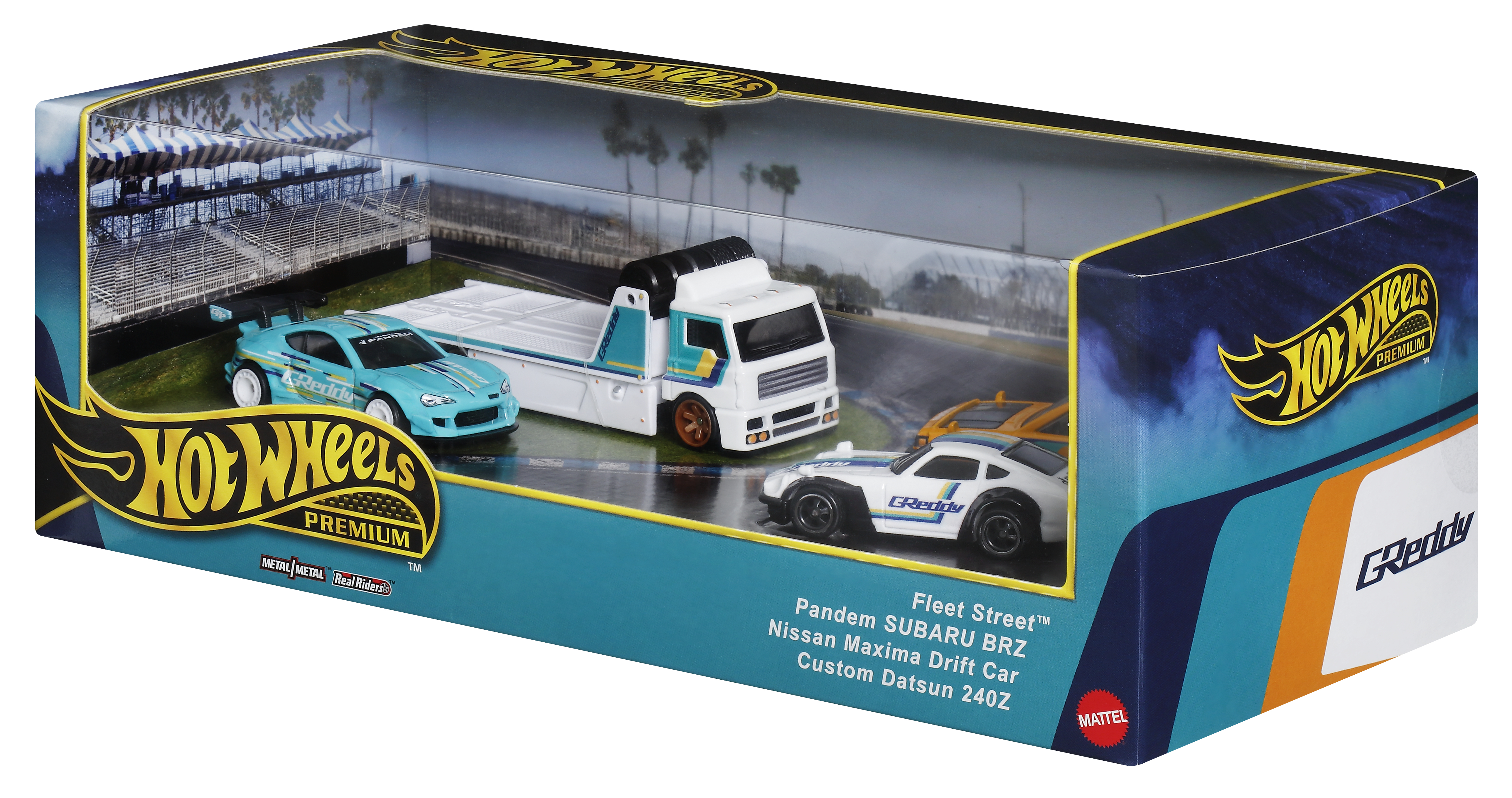 Ein Spielzeugset mit Hot Wheels-Autos, darunter ein LKW, ein blaues Auto und ein weißes Auto.