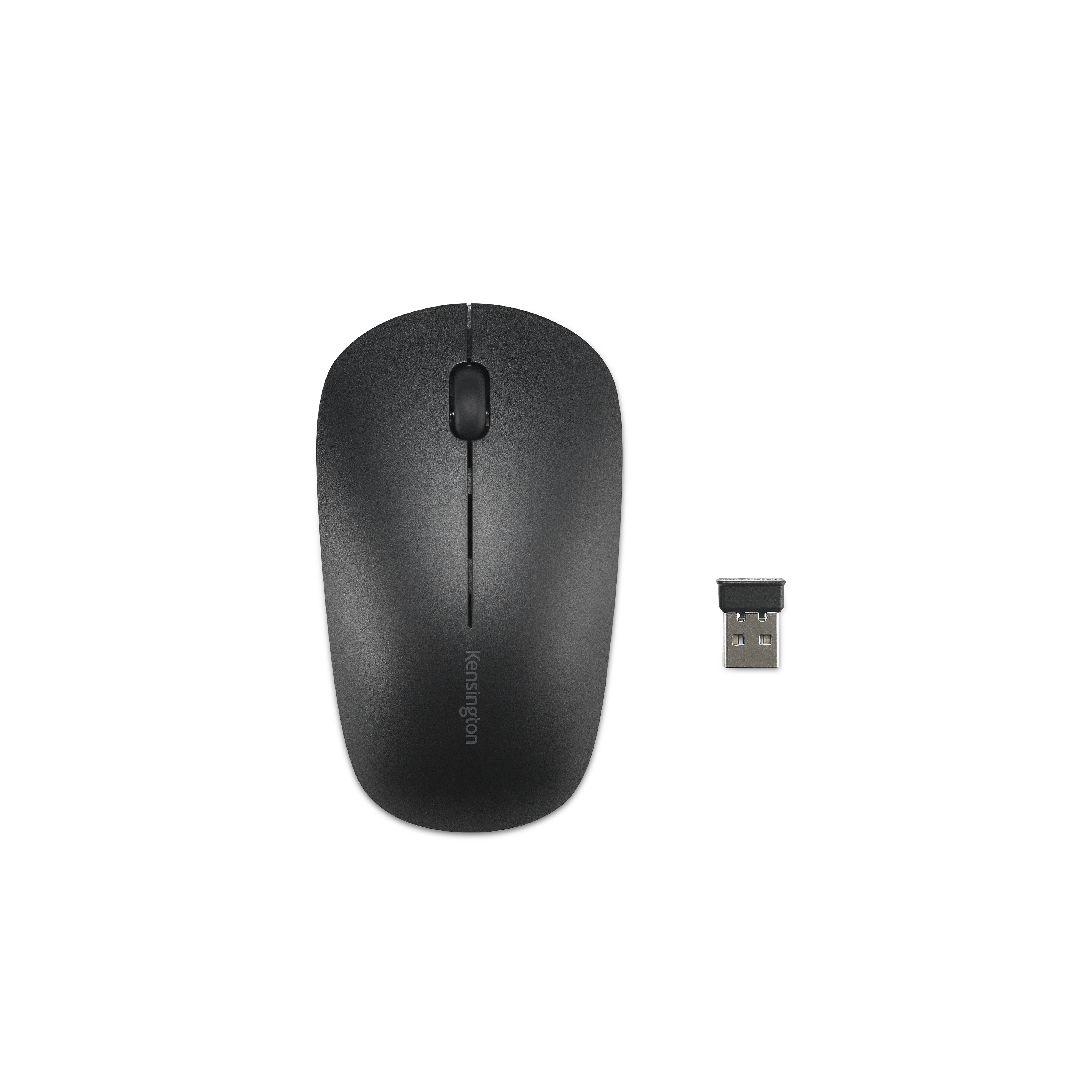 Schwarze kabellose Maus und USB-Empfänger auf weißem Hintergrund. Die Marke Kensington ist sichtbar.