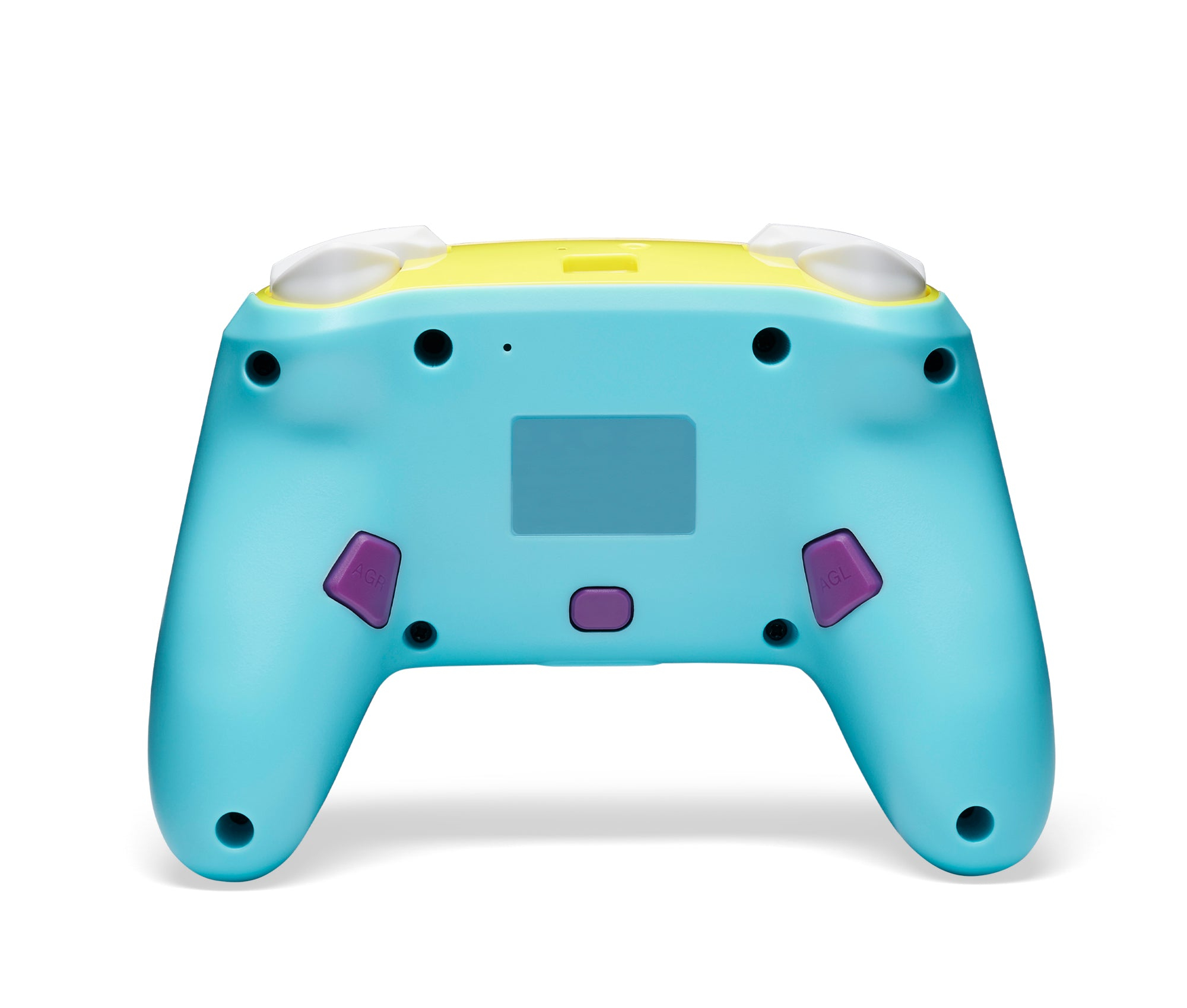 Tył kolorowego kontrolera Nintendo Switch z przyciskami, portami i żółtym środkiem.