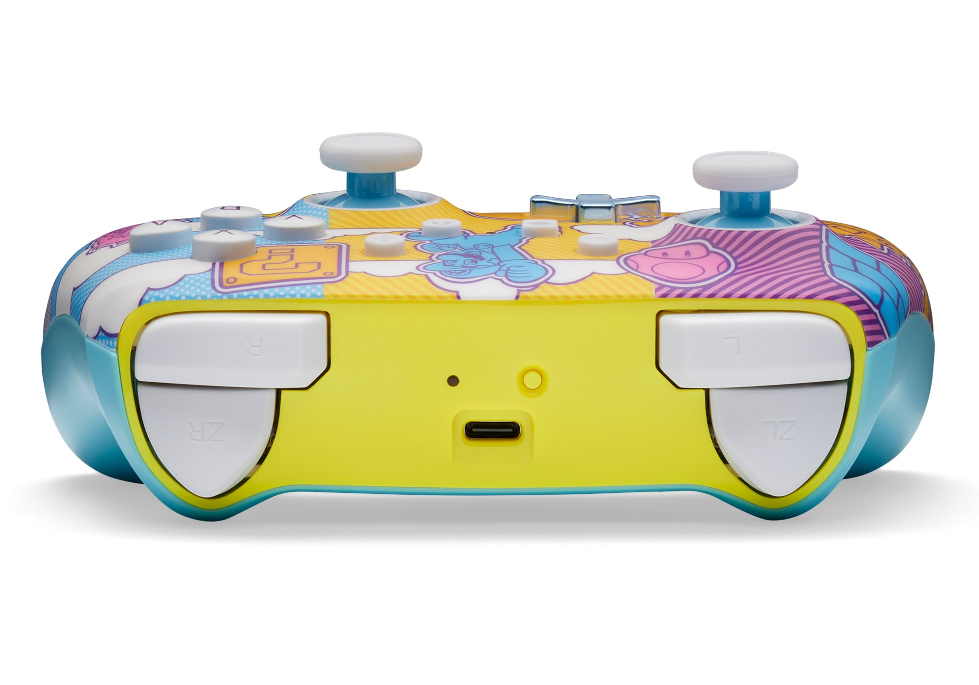 Tył kolorowego kontrolera Nintendo Switch z przyciskami, portami i żółtym środkiem.