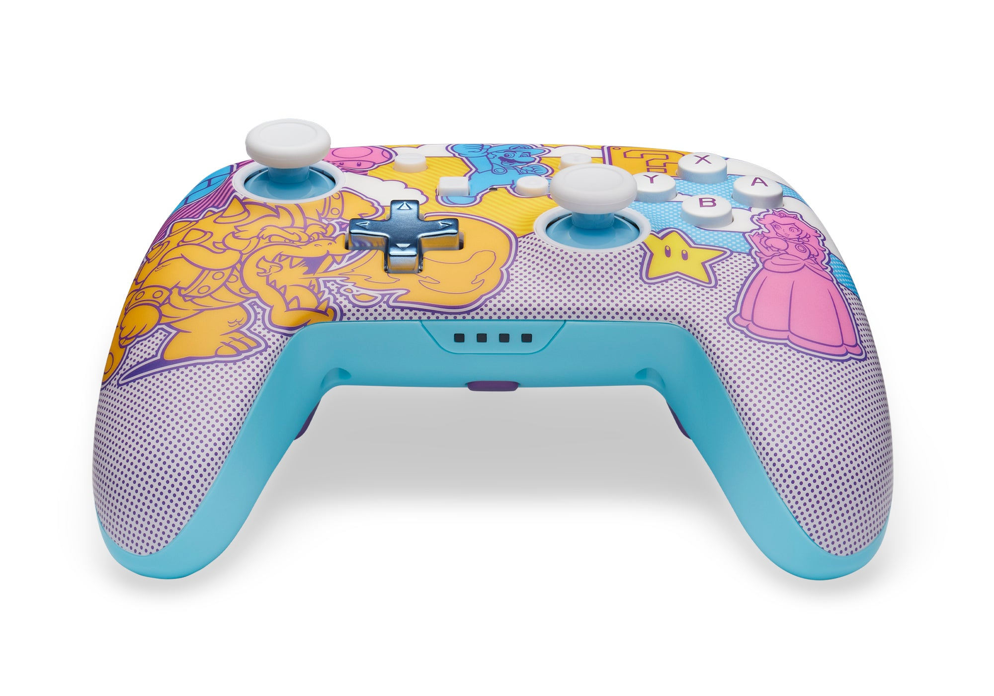 Kontroler Nintendo Switch Pro z grafiką postaci Mario, w odcieniach niebieskiego i różowego.