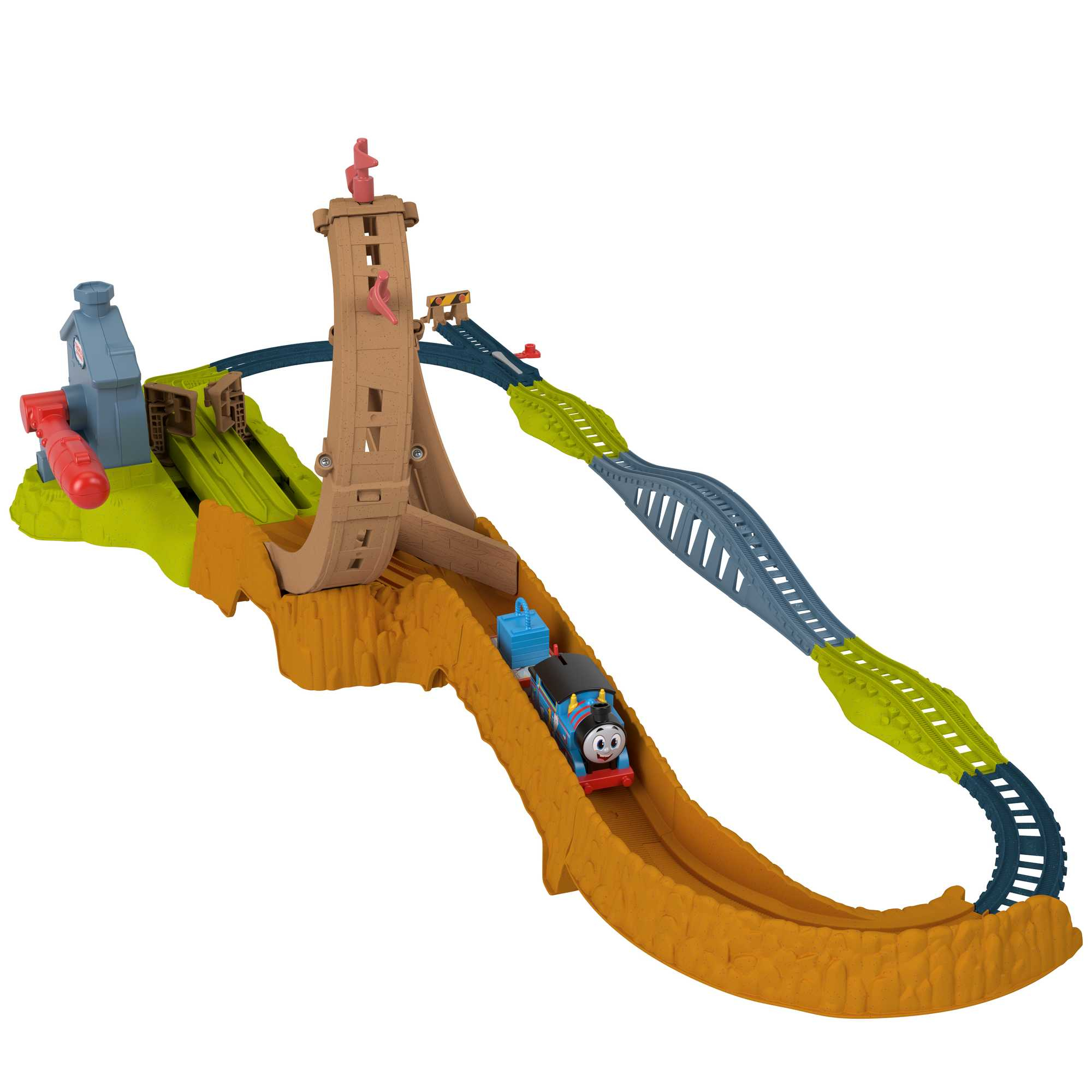 Thomas-Zugset mit Gleis. Enthält einen braunen Turm und einen blauen Streckenabschnitt.