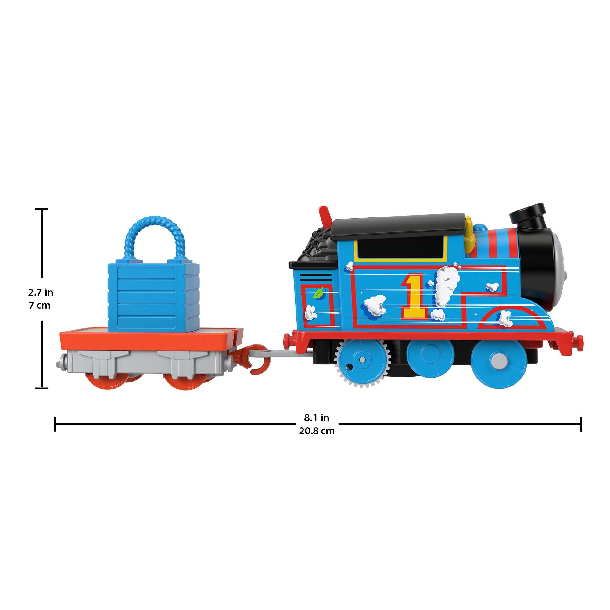Thomas, die Tank Engine zieht einen Wagen mit blauen Blöcken. Abmessungen sind an der Seite gezeigt.