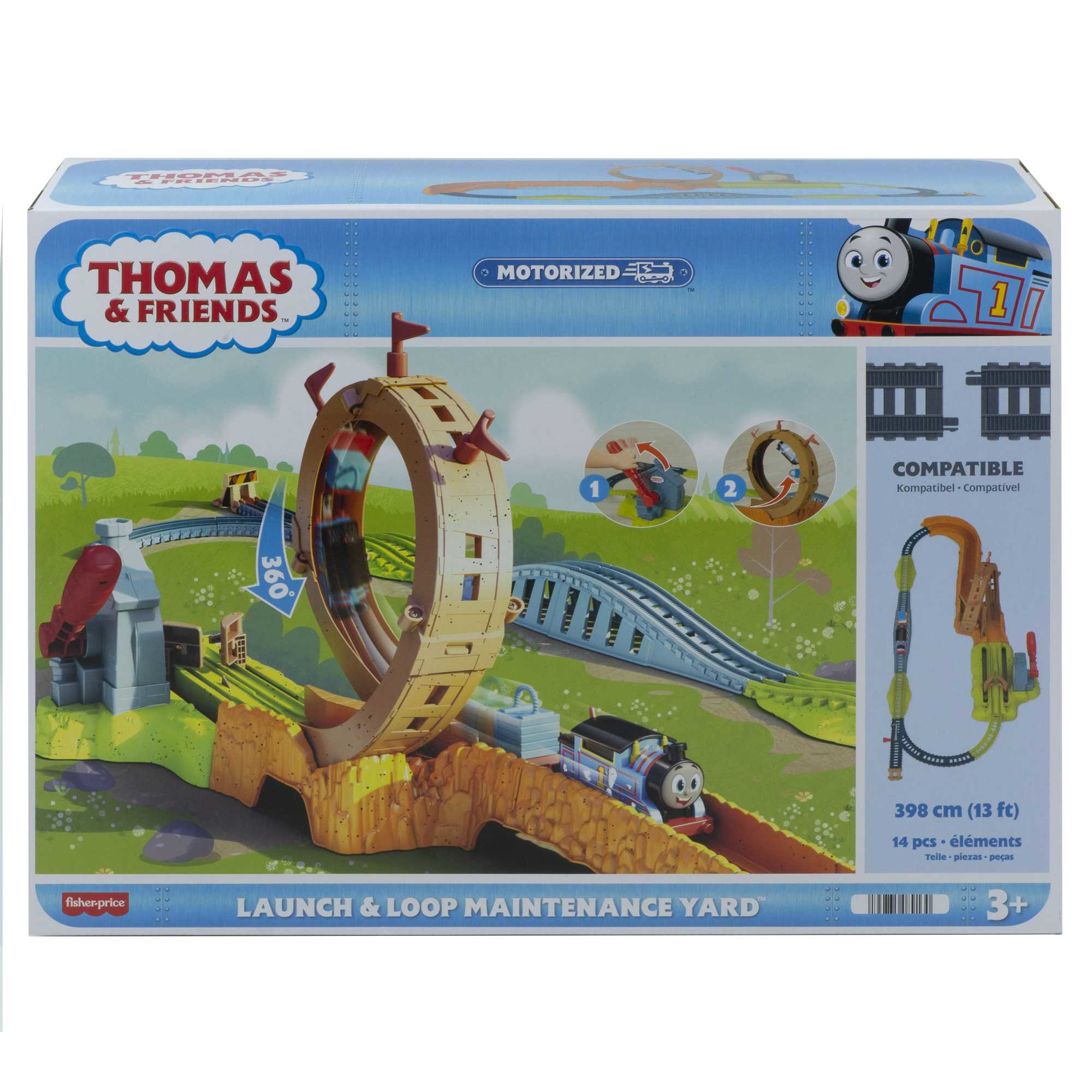 Ein Thomas & Friends Spielzeugset mit einer Strecke. Die Box zeigt einen Zug und ein Looping-Streckenlayout.
