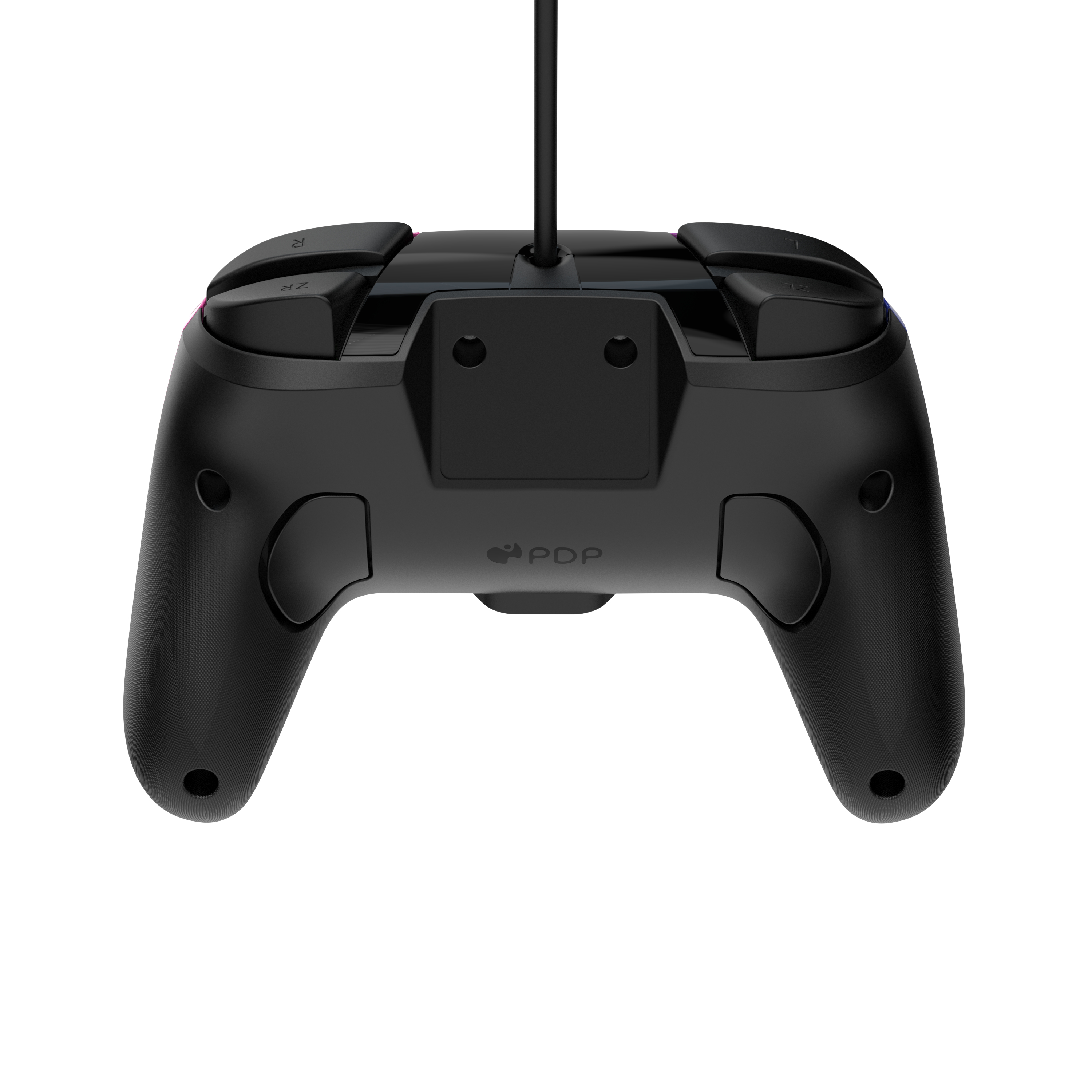 Czarny kontroler Nintendo Switch PDP, widok z tyłu. Pokazuje przyciski i małe logo.