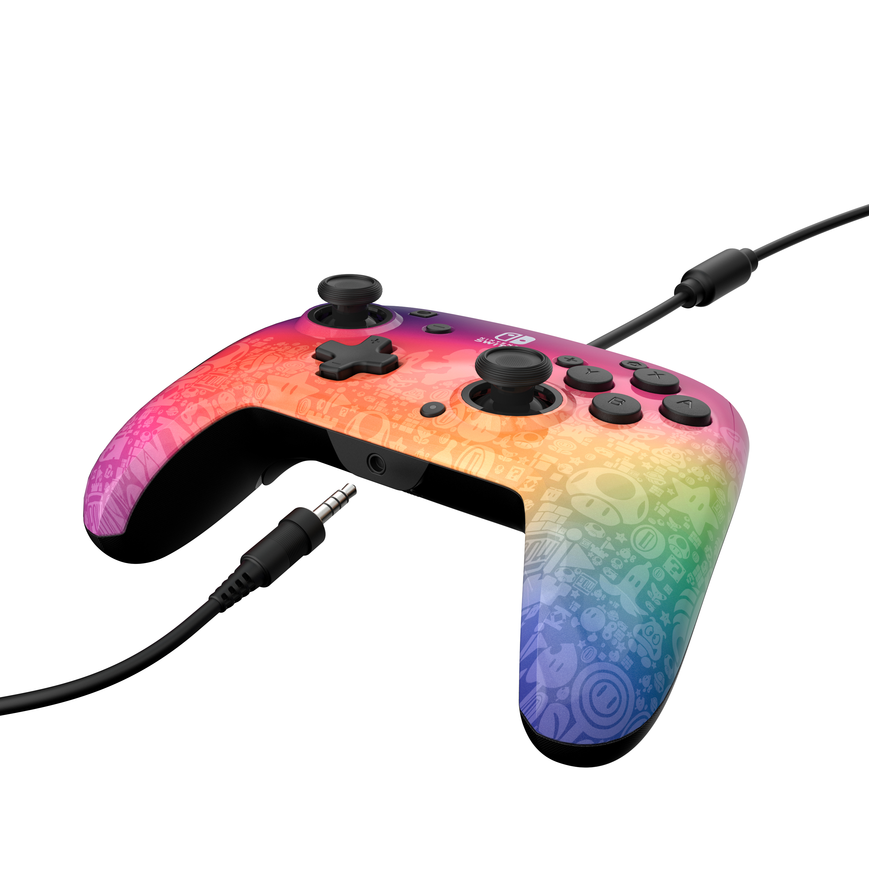 Tęczowy kontroler Nintendo Switch Pro z kablem, na białym tle.