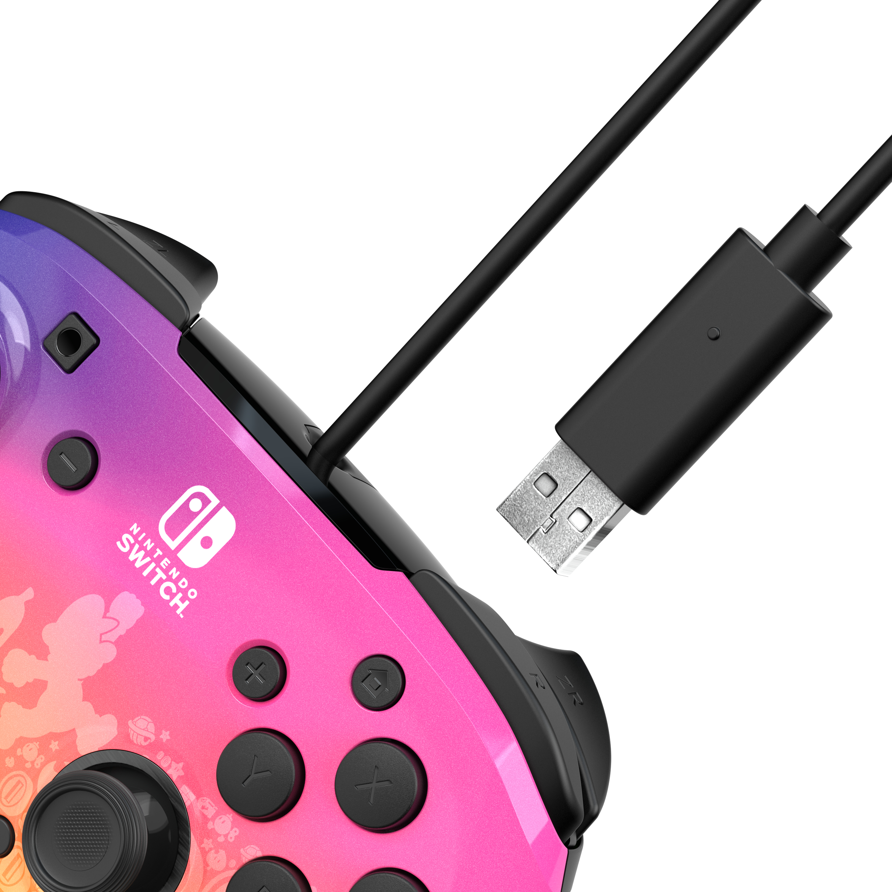 Kontroler Nintendo Switch z gradientowym wzorem, podłączony do kabla USB.