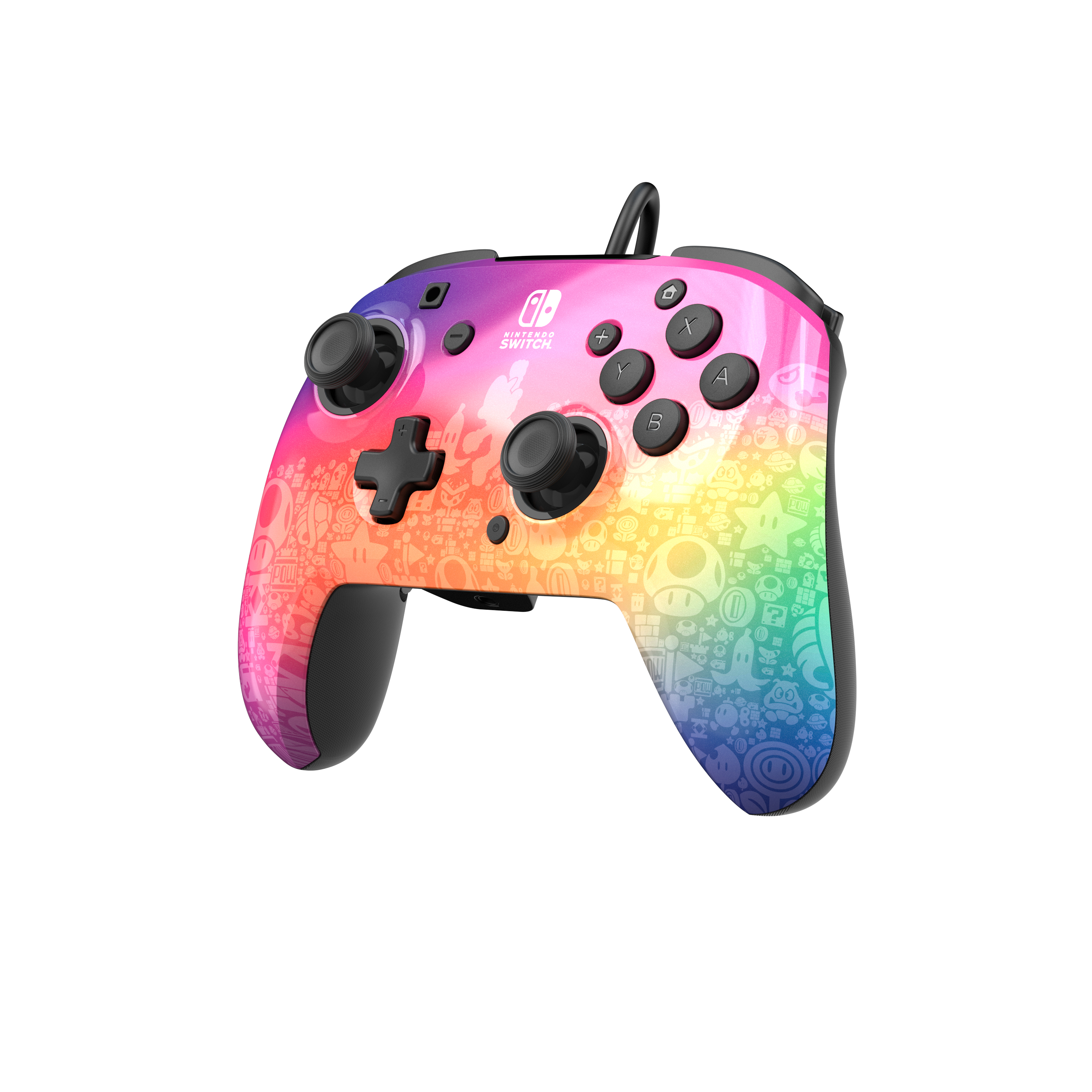 Kontroler Nintendo Switch z kolorowym designem. Kolory tęczy i różne postacie z kreskówek.