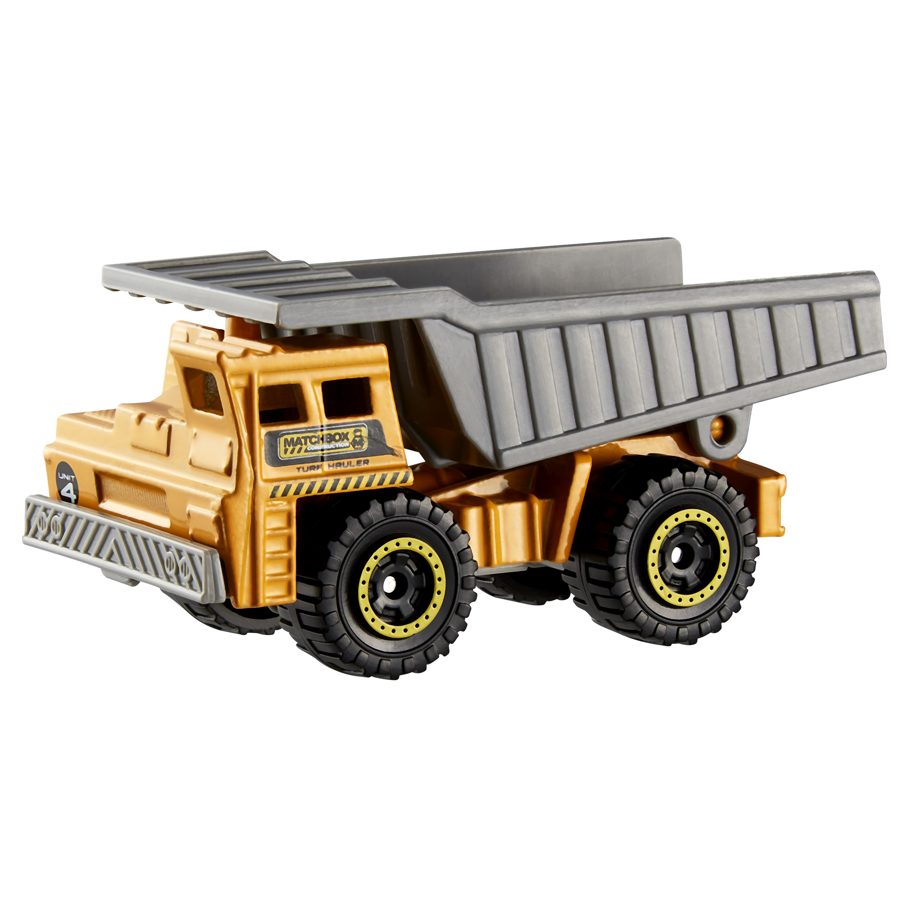 Un camion ribaltabile giocattolo giallo e grigio.
