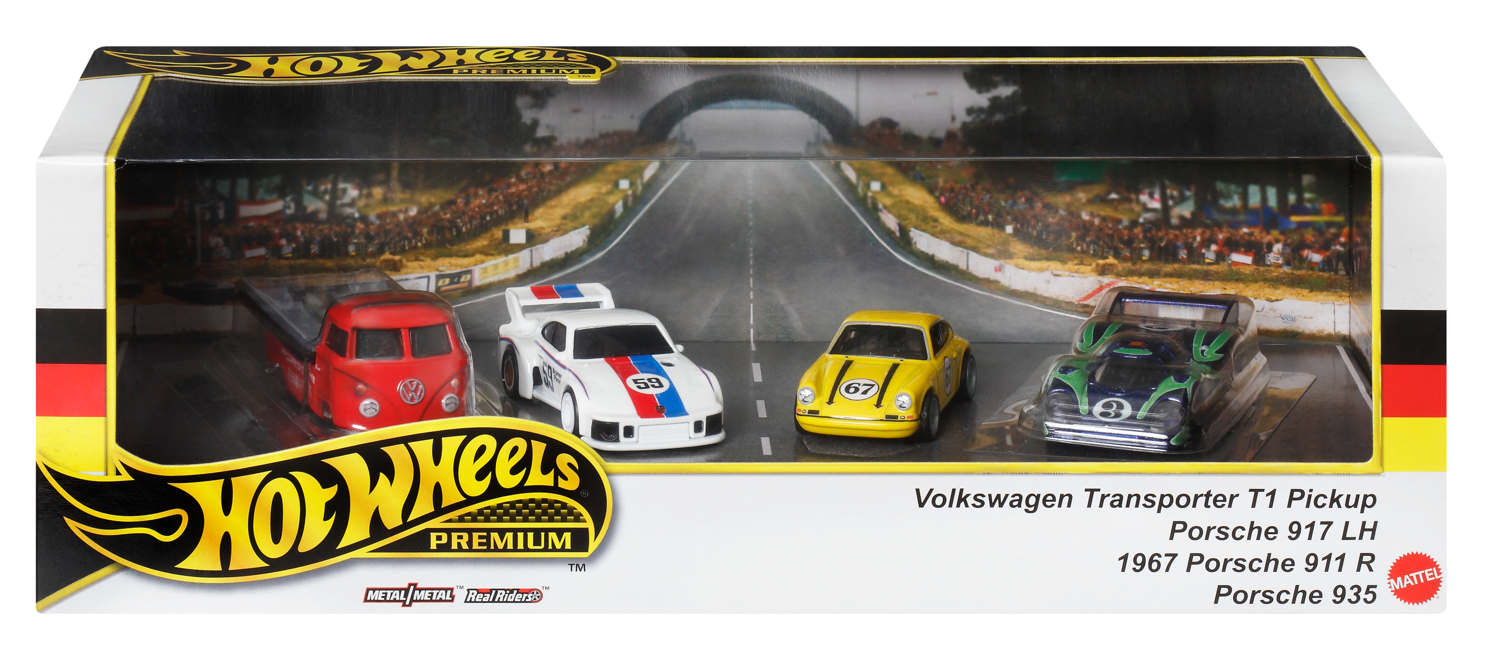Spielzeugautoset mit mehreren Autos auf einer Rennstrecke. Weiß, rot, gelb, grün.