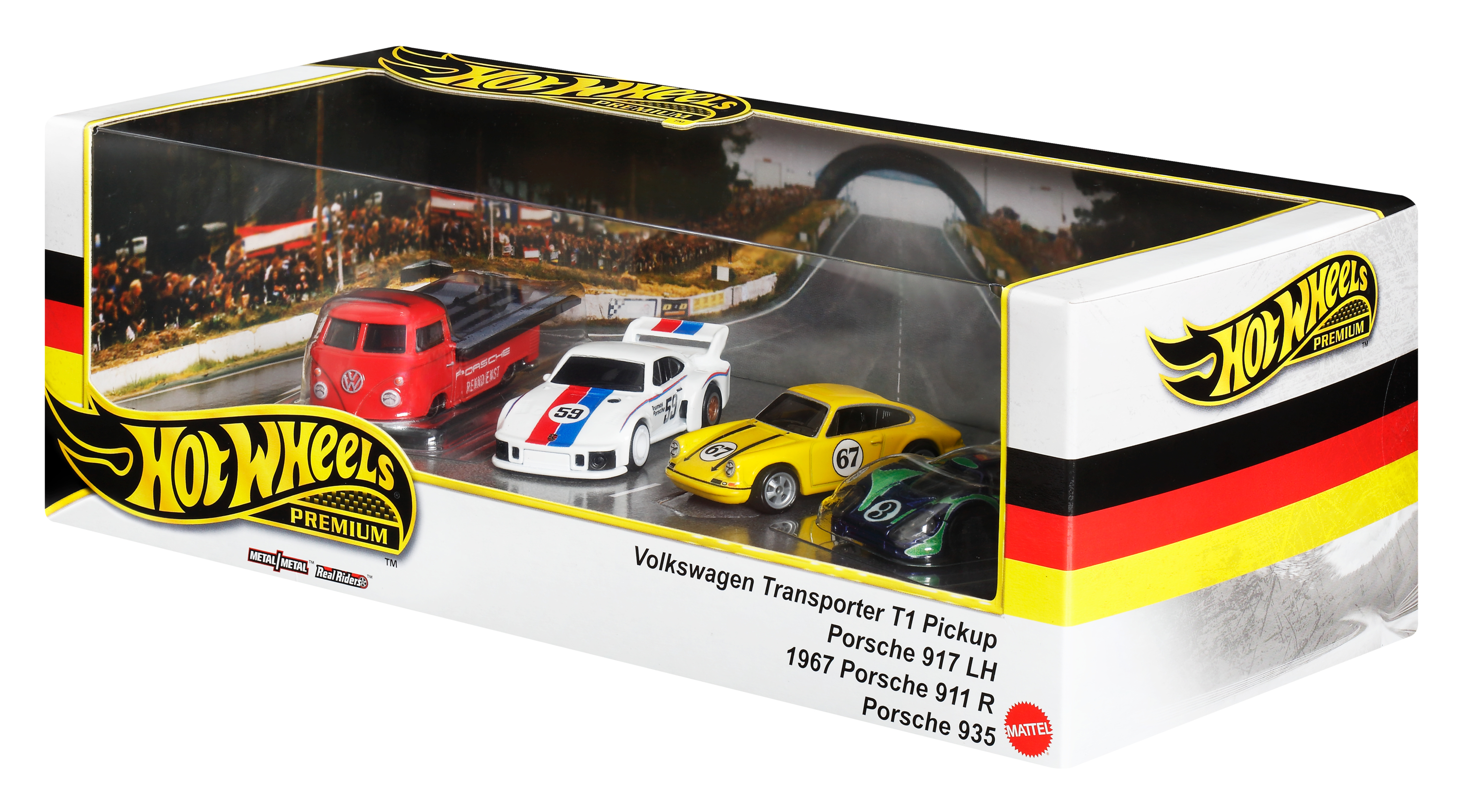 Spielzeugautoset mit mehreren Autos auf einer Rennstrecke. Weiß, rot, gelb, grün.