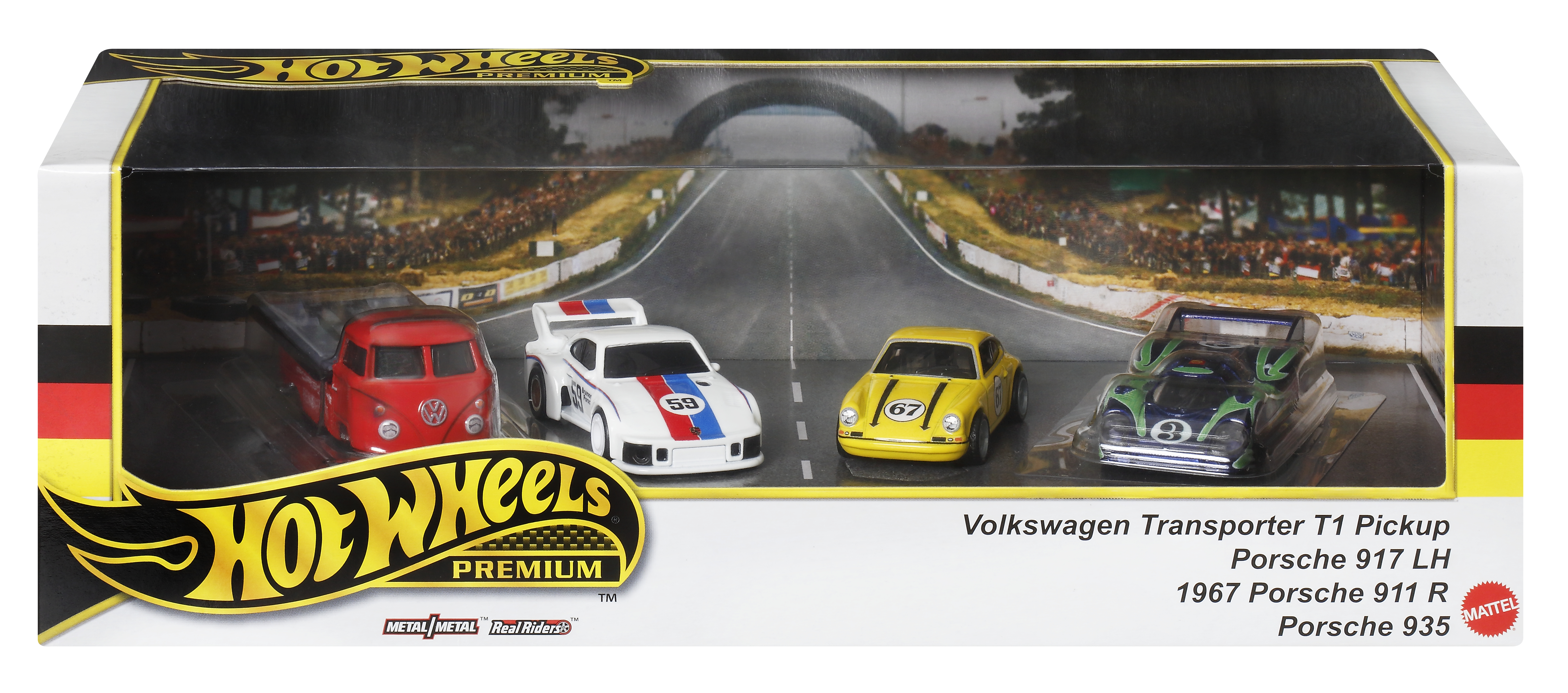 Hot Wheels Spielzeugset, mehrere Autos in einer Box, schwarz, weiß, gelb und rot auf einer Strecke.