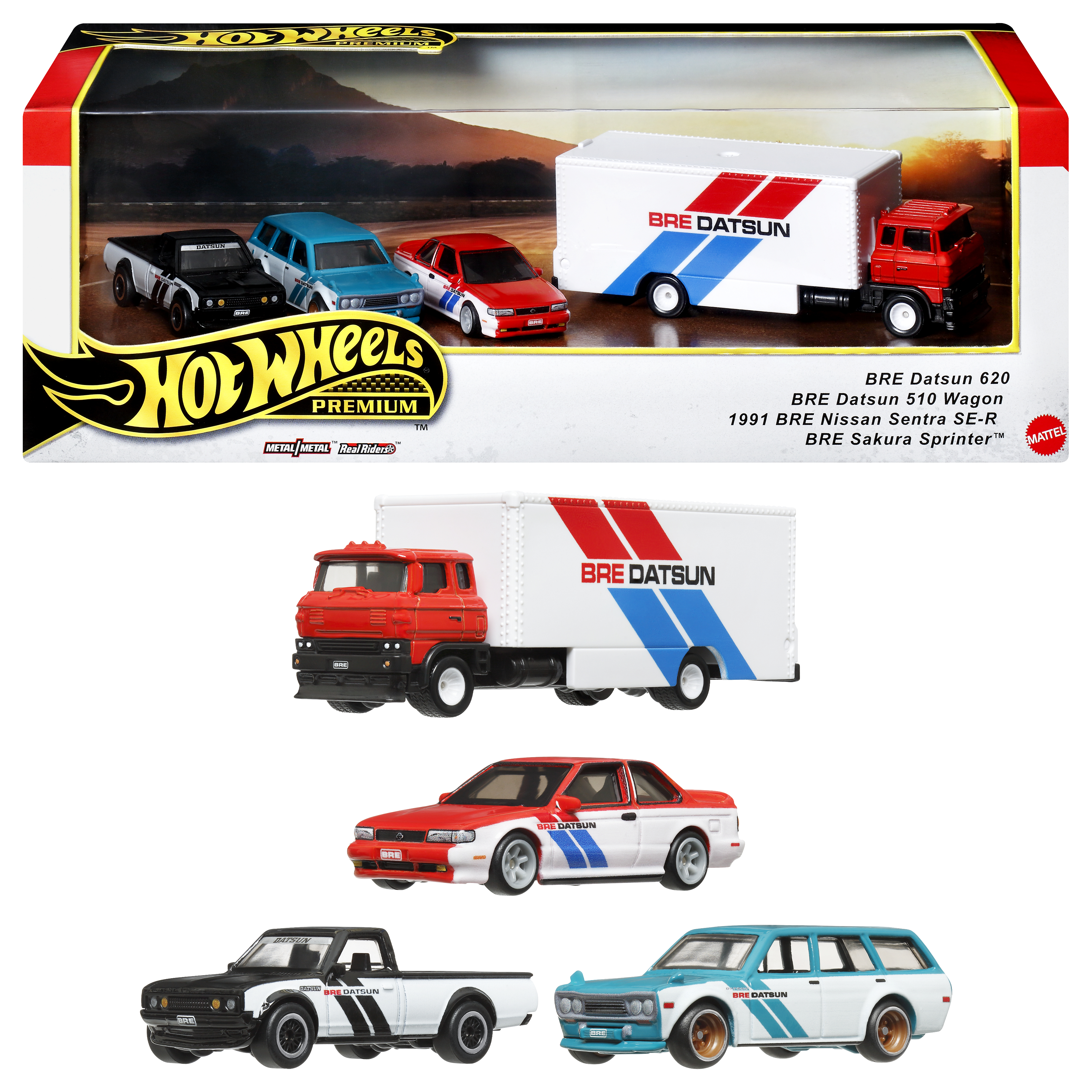 Un juego de caja Hot Wheels con vehículos BRE Datsun, exhibido sobre una superficie blanca.