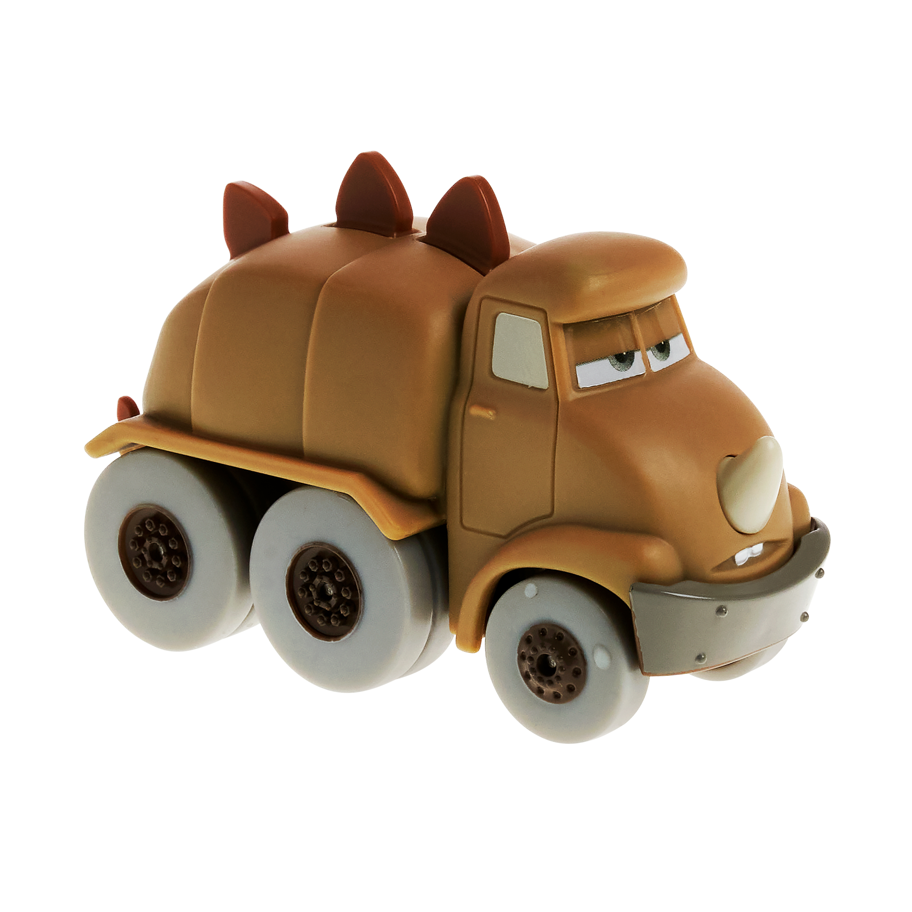 Brązowa zabawka ciężarówka z kolcami. Ma trzy szare koła.