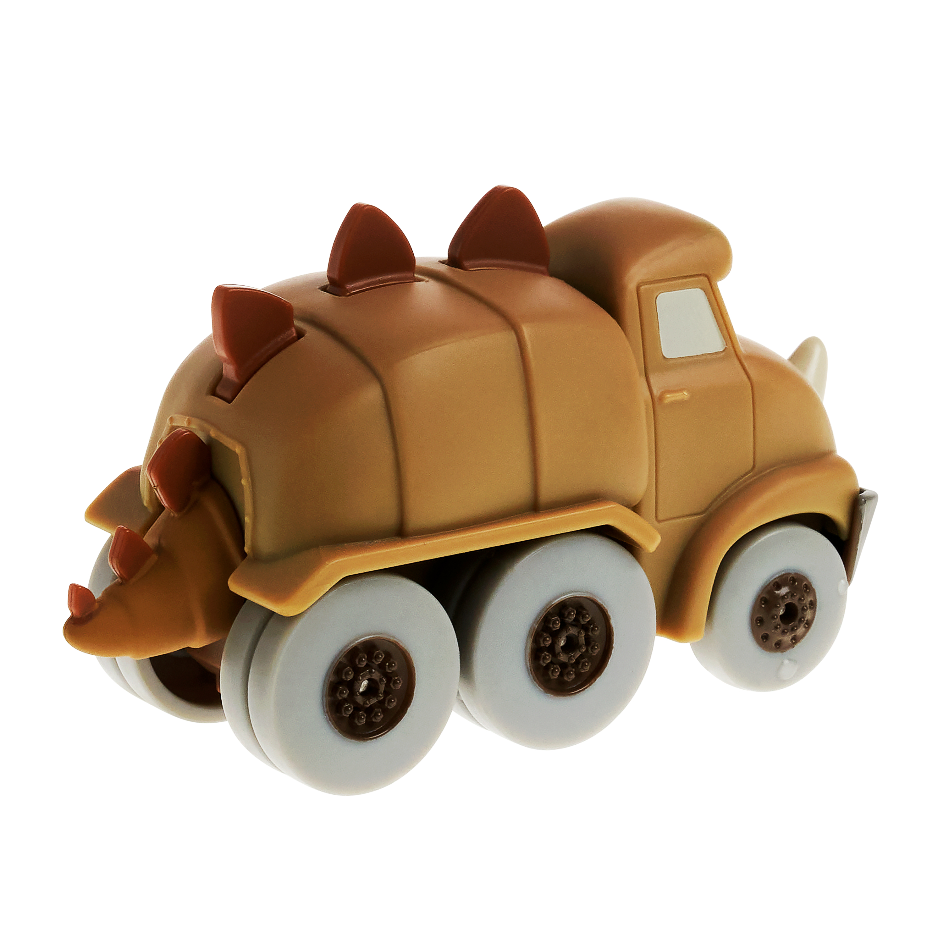 Brązowa zabawka ciężarówka w kształcie dinozaura. Ma szare koła i brązowe kolce.