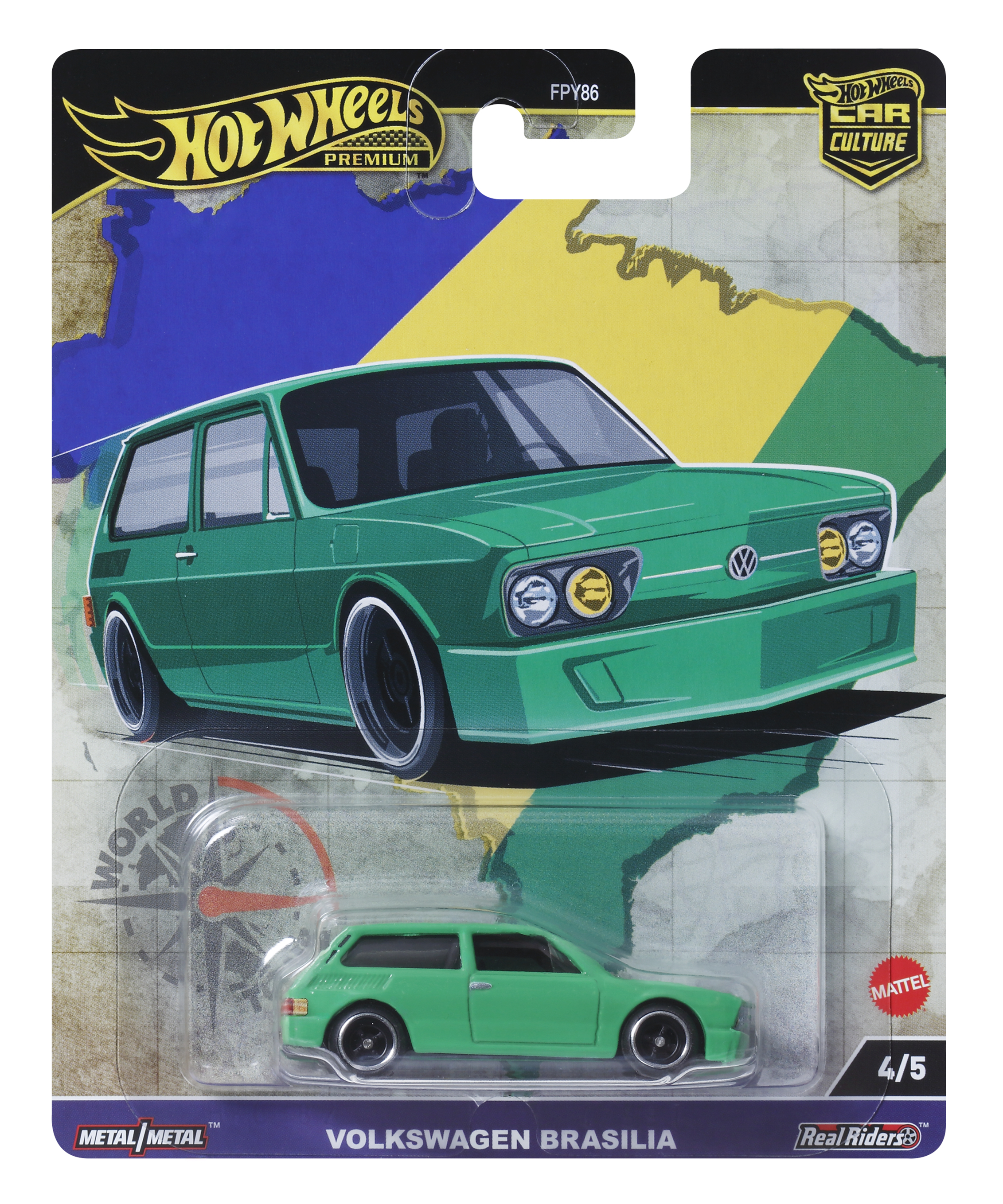 Zielona zabawka samochodu VW na karcie z mapą Brazylii i logo Hot Wheels.