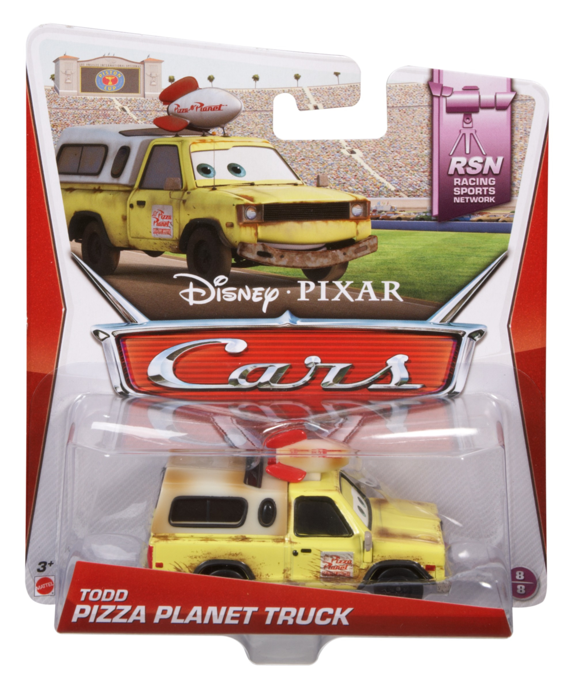 Zabawkowy truck z brandingiem Pizza Planet. Ma żółtą kabinę i pudełko z rakietą na górze.