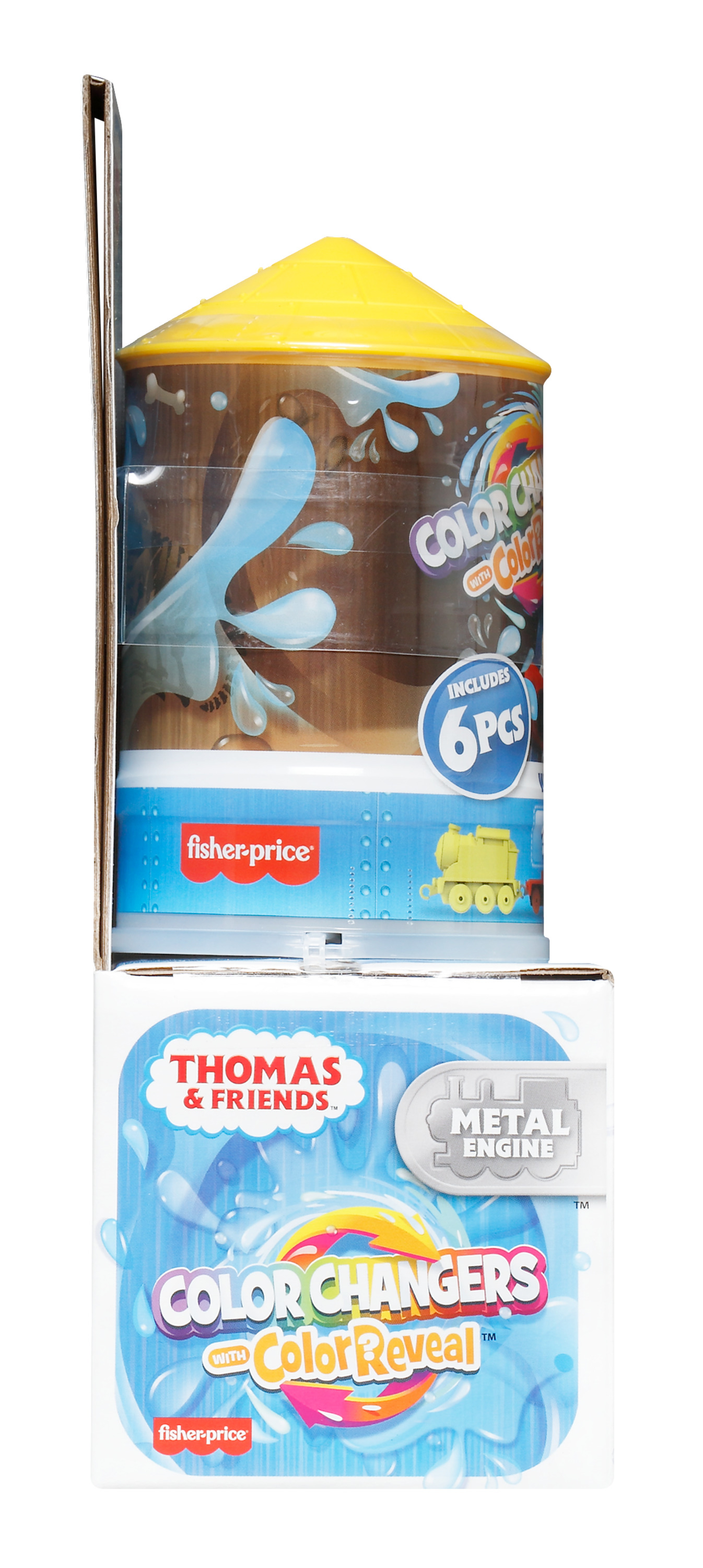 Eine Thomas & Friends Color Changers Spielzeugbox mit einem Bahnhof und Wasserspritzern.