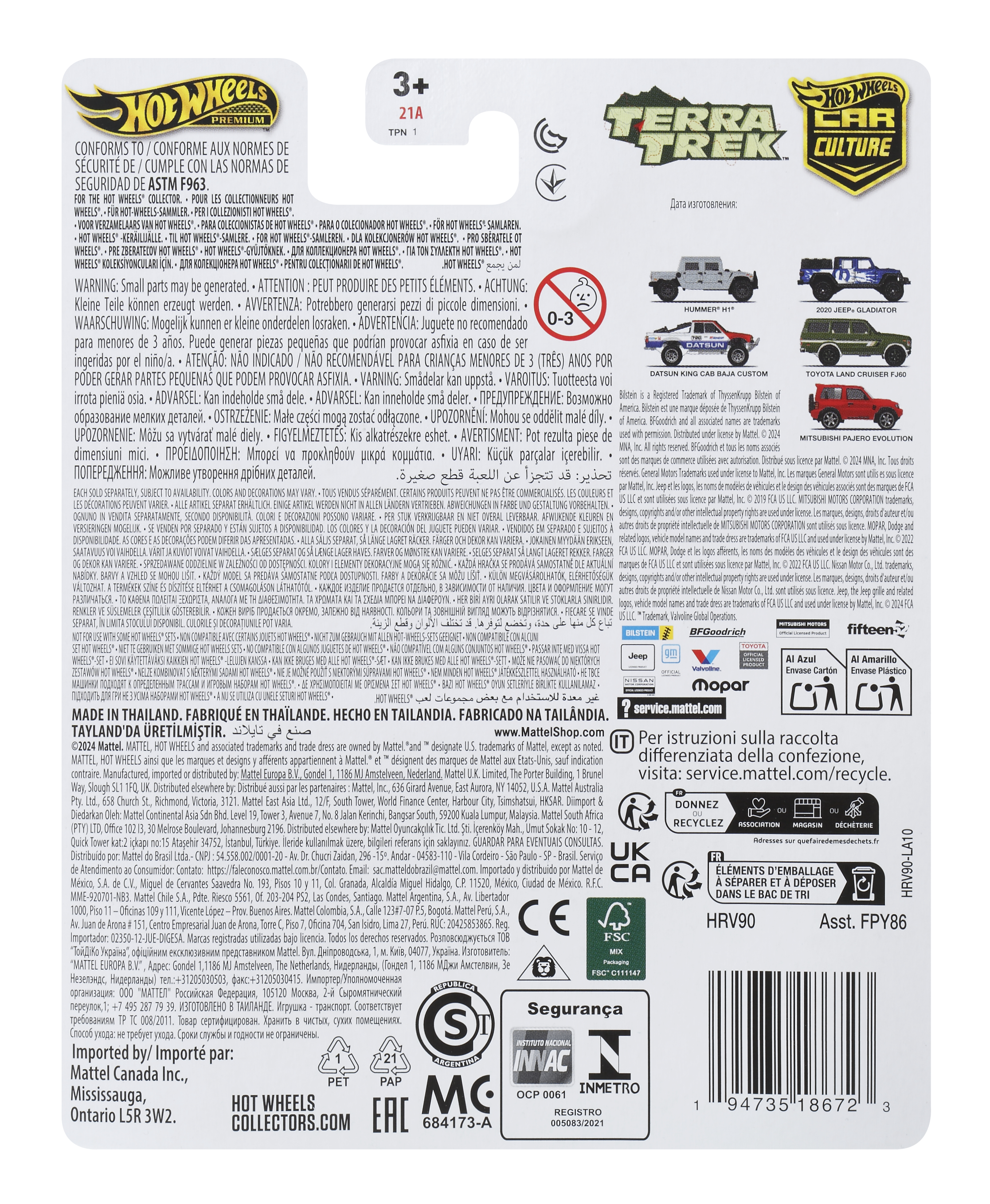 Eine Hot Wheels-Verpackungsrückseite mit verschiedenen Spielzeugautos und Text in mehreren Sprachen.