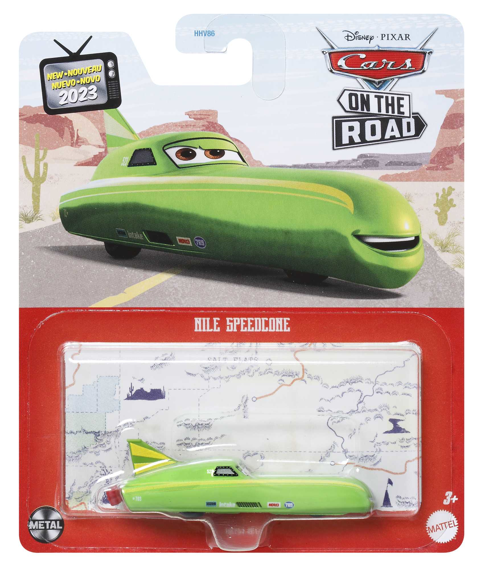 Zielony zabawkowy samochód wyścigowy z uśmiechniętą twarzą i żółtymi akcentami, zapakowany w kartę ekspozycyjną.