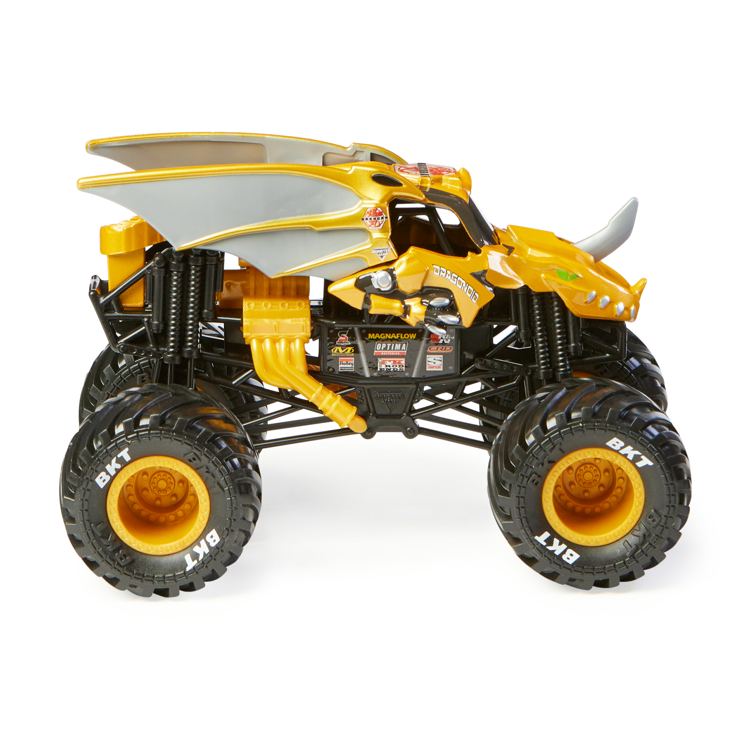 Monster truck giocattolo giallo e nero con ali di drago e pneumatici BKT, sfondo bianco.