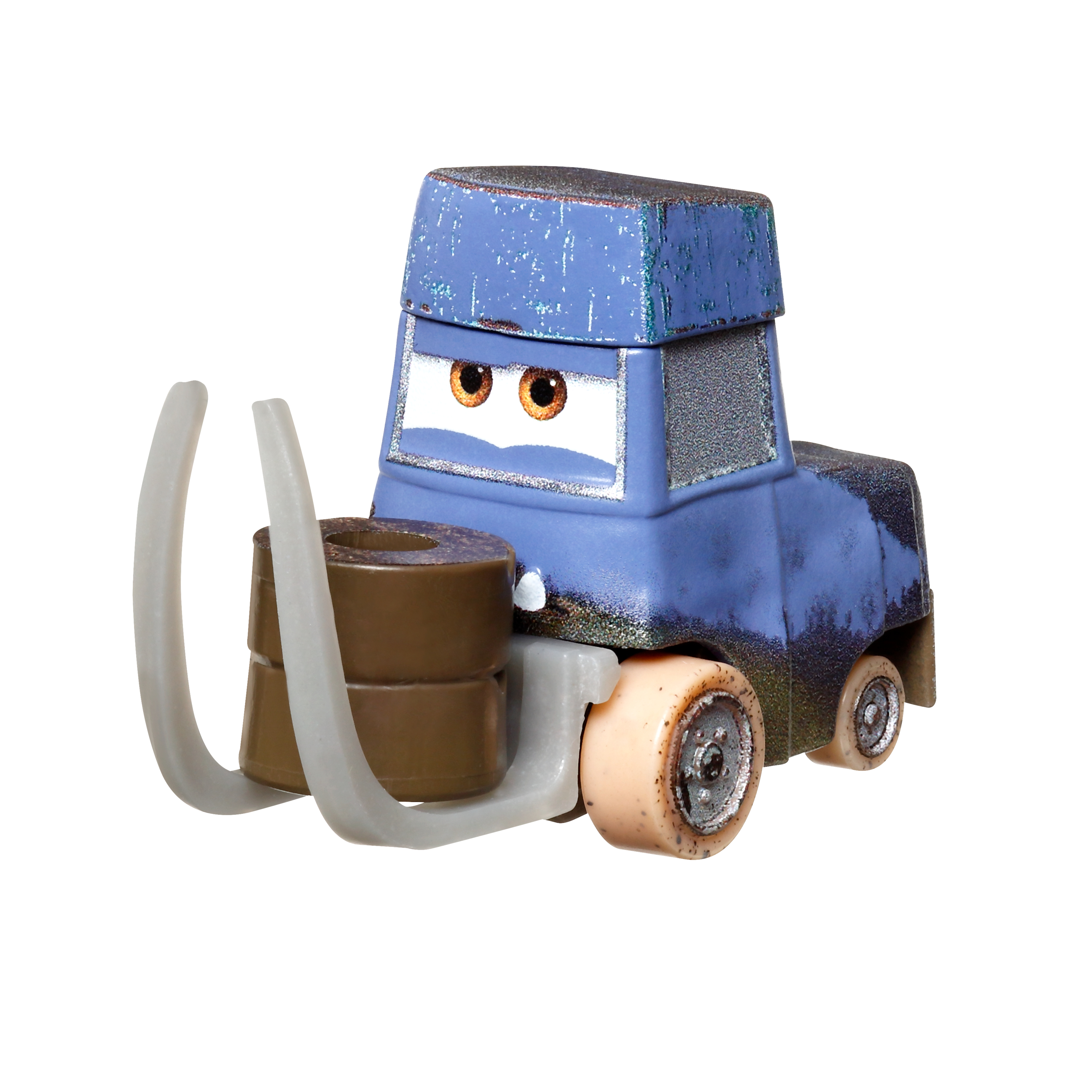 Blauer Spielzeug-LKW mit Gabelstapler, braunen Fässern und cremefarbenen Rädern.