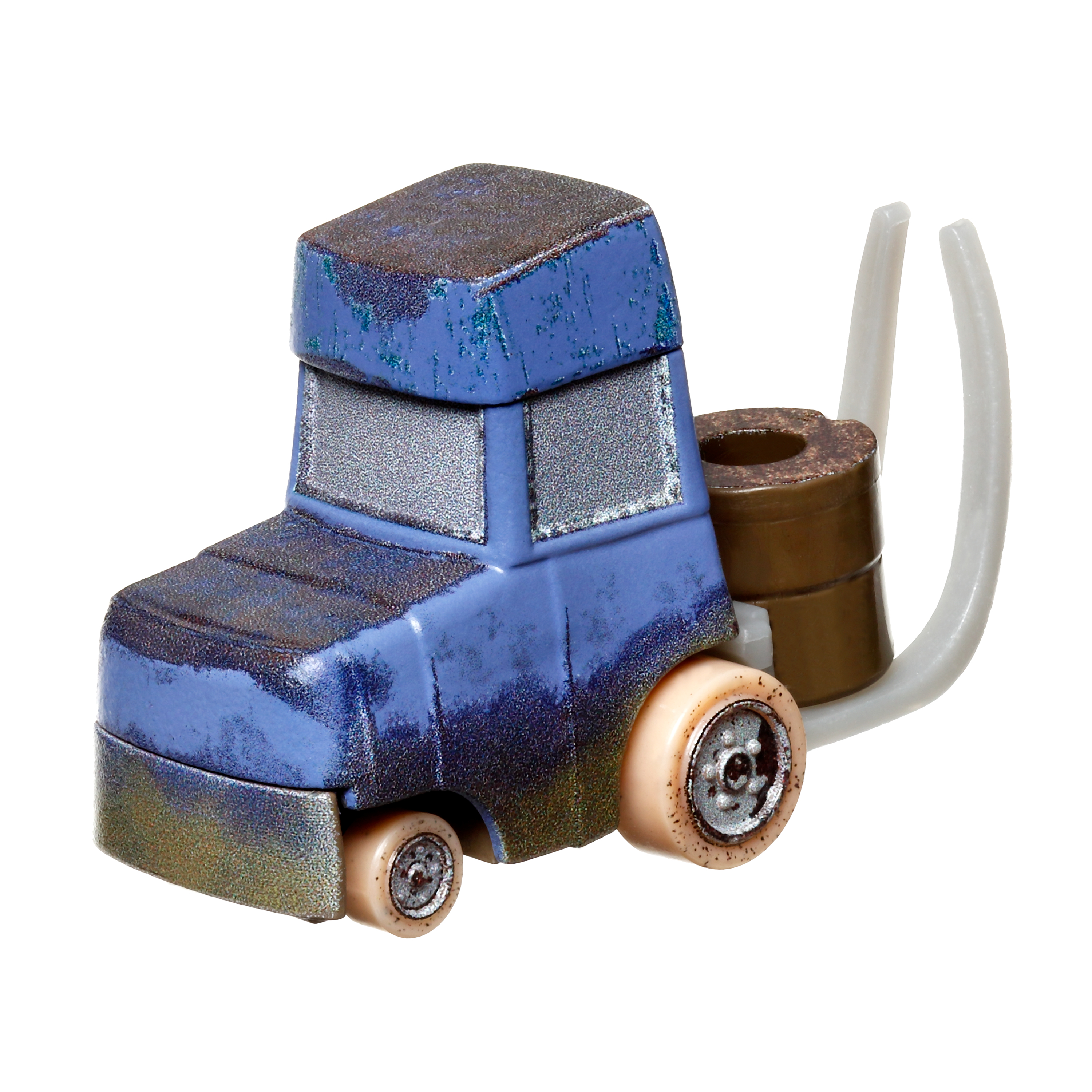 Blaue Spielzeug-LKW-Front. Rostiges und gealtertes Aussehen. Beige Räder.