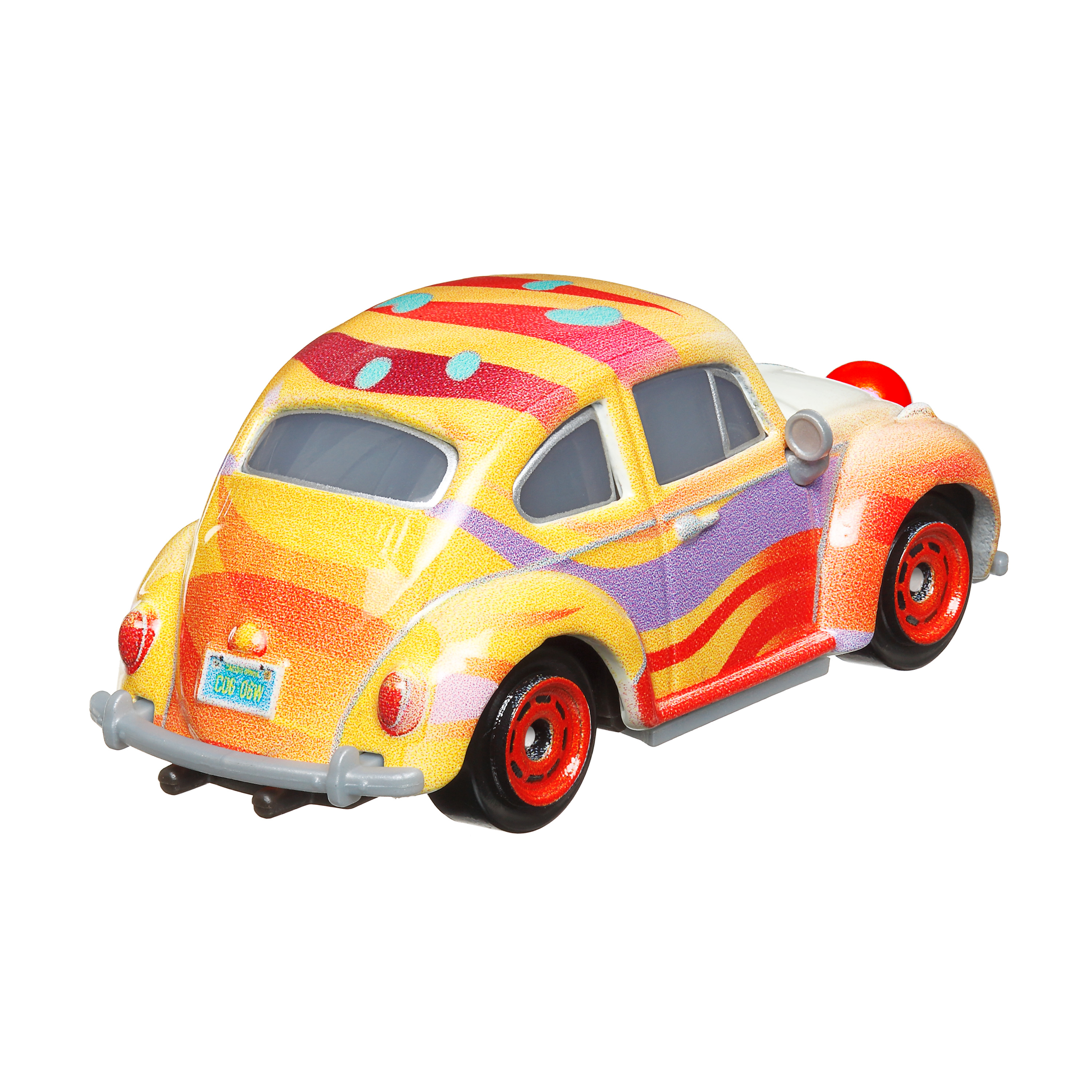 Ein buntes Spielzeugauto. Es ist ein gelbes Auto mit einem bunten Muster und roten Rädern.