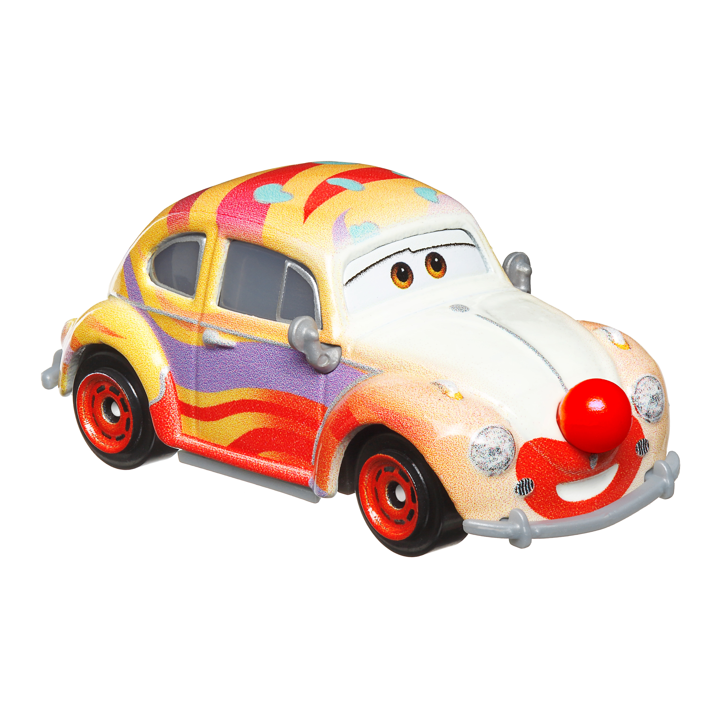 Ein Spielzeugauto mit Clown-Gesicht, roter Nase und bunter Bemalung. Es steht vor weißem Hintergrund.